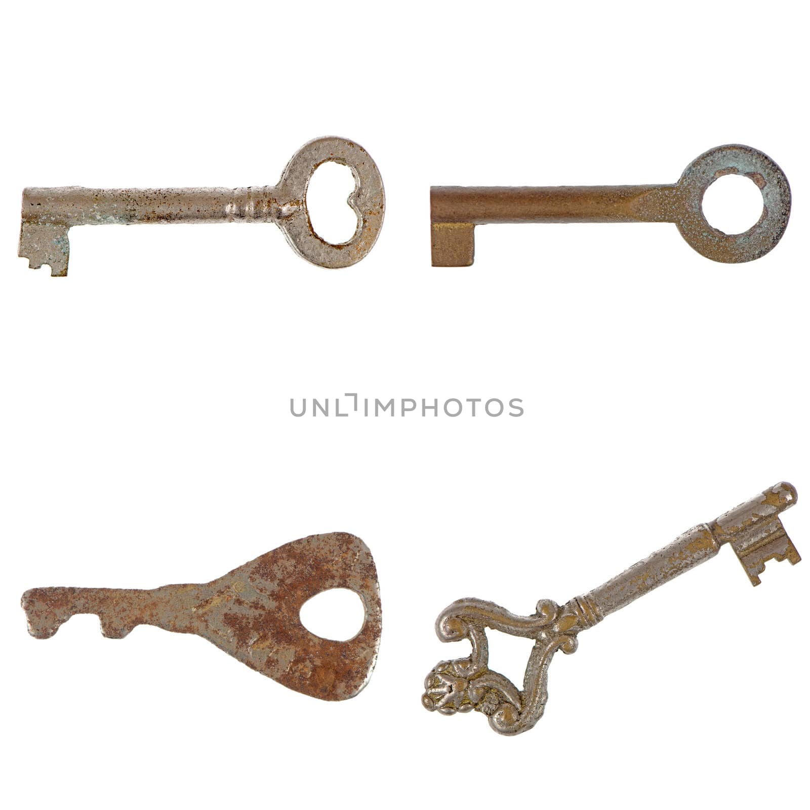 set of old rusty keys isolated on white background.