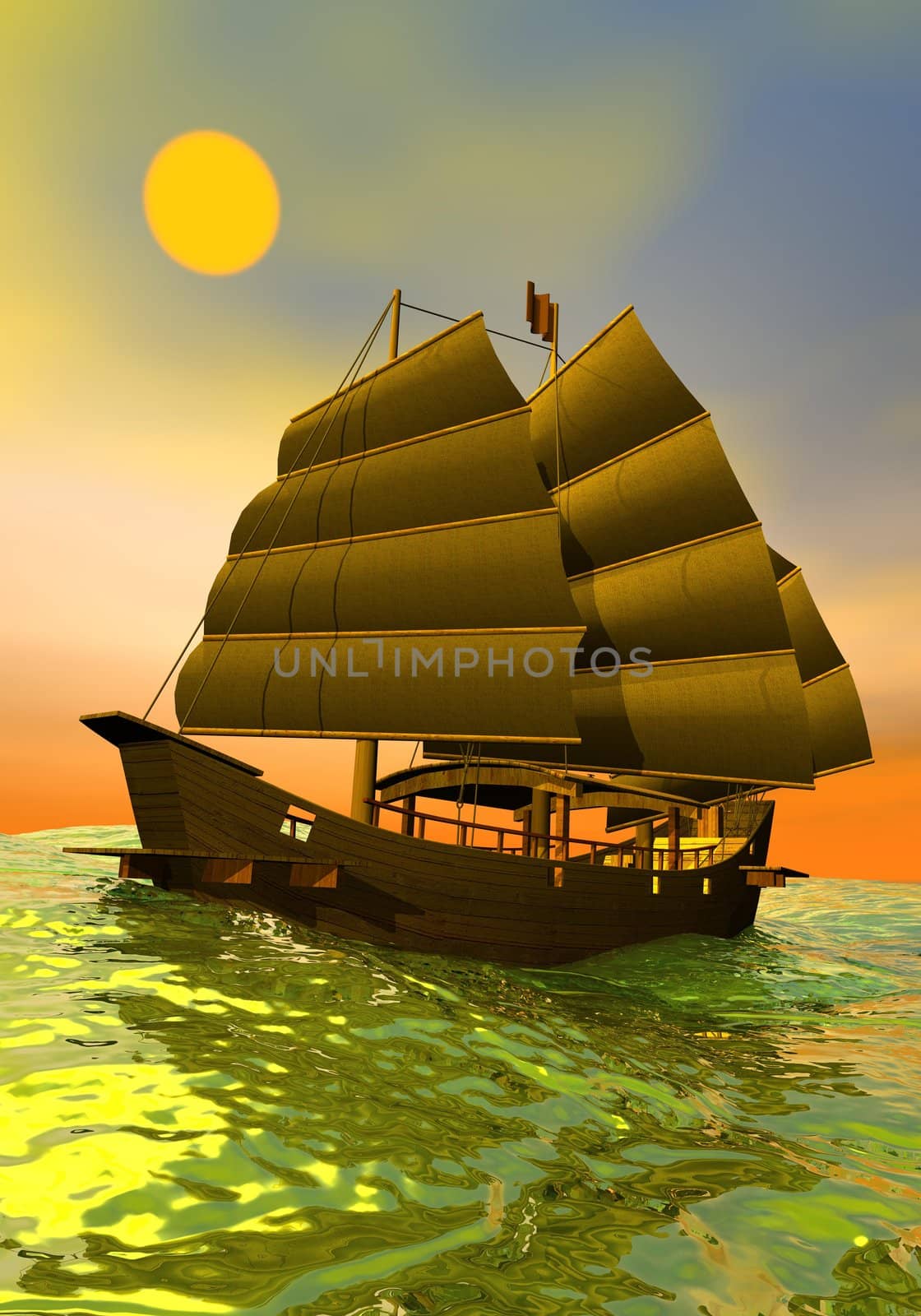 Oriental junk by sunset - 3D render by Elenaphotos21