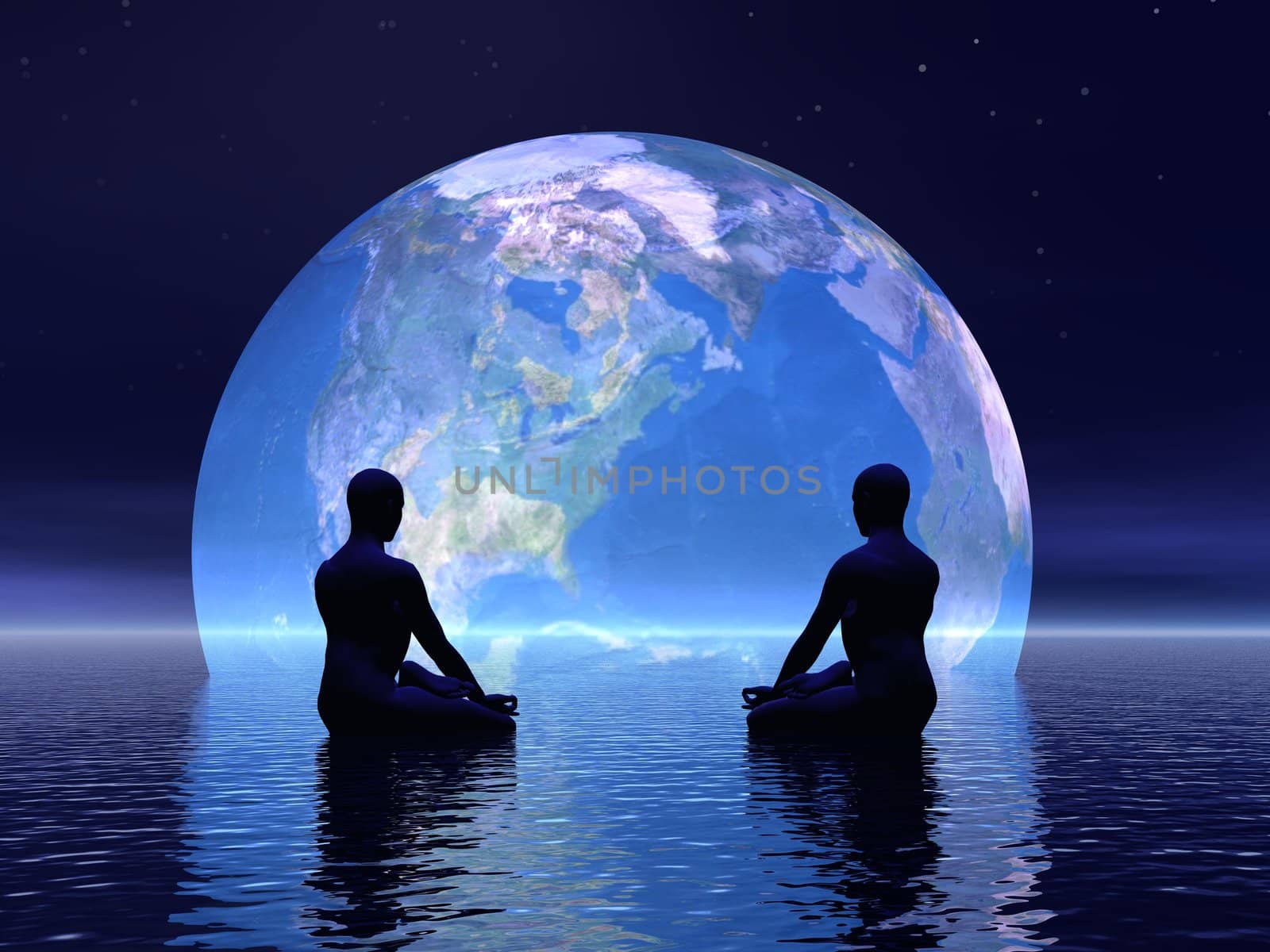 Two human silouhettes meditating in front of the earth by night