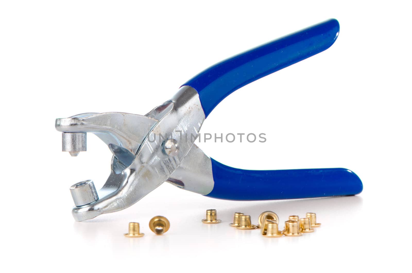 Tool used to pierce belts and shoes on white background.