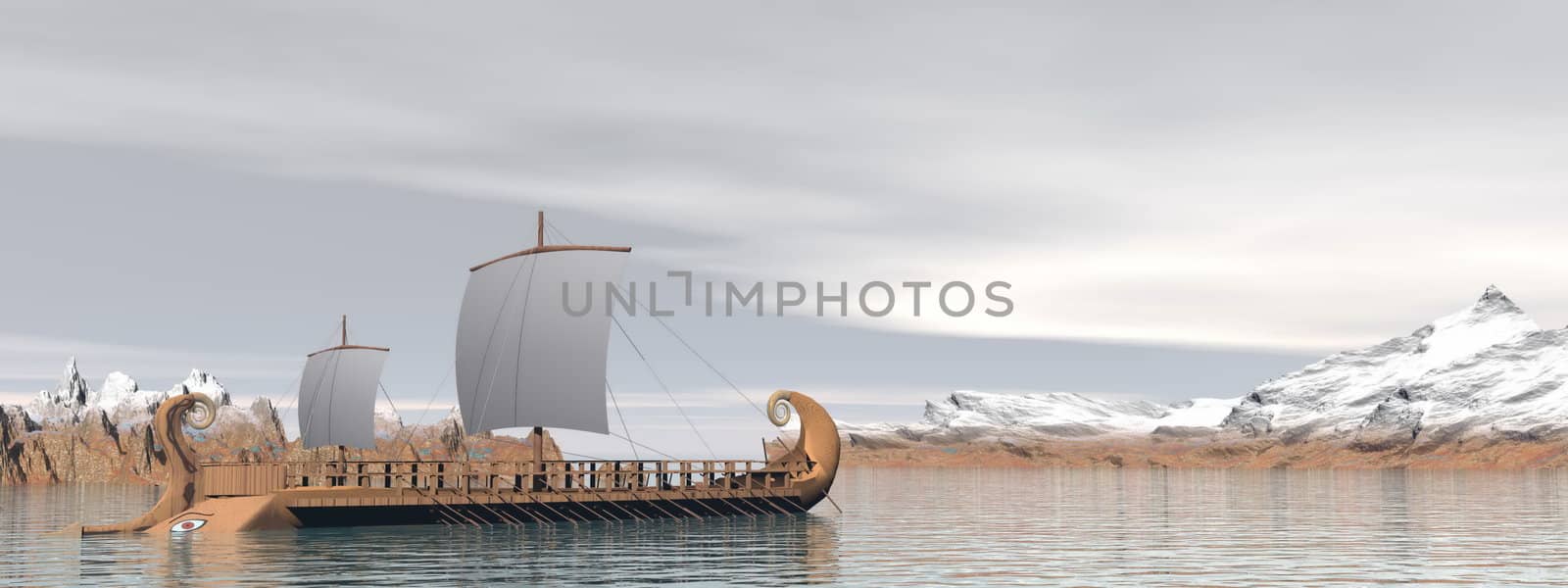 Old greek trireme boat on the ocean next to snowy mountains by cloudy weather