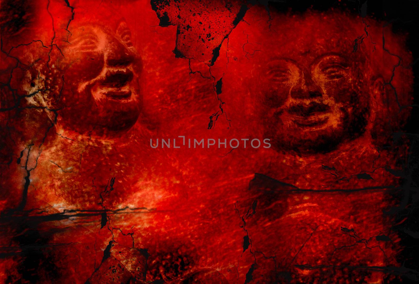 two smiling Buddha carved into a stone wall red