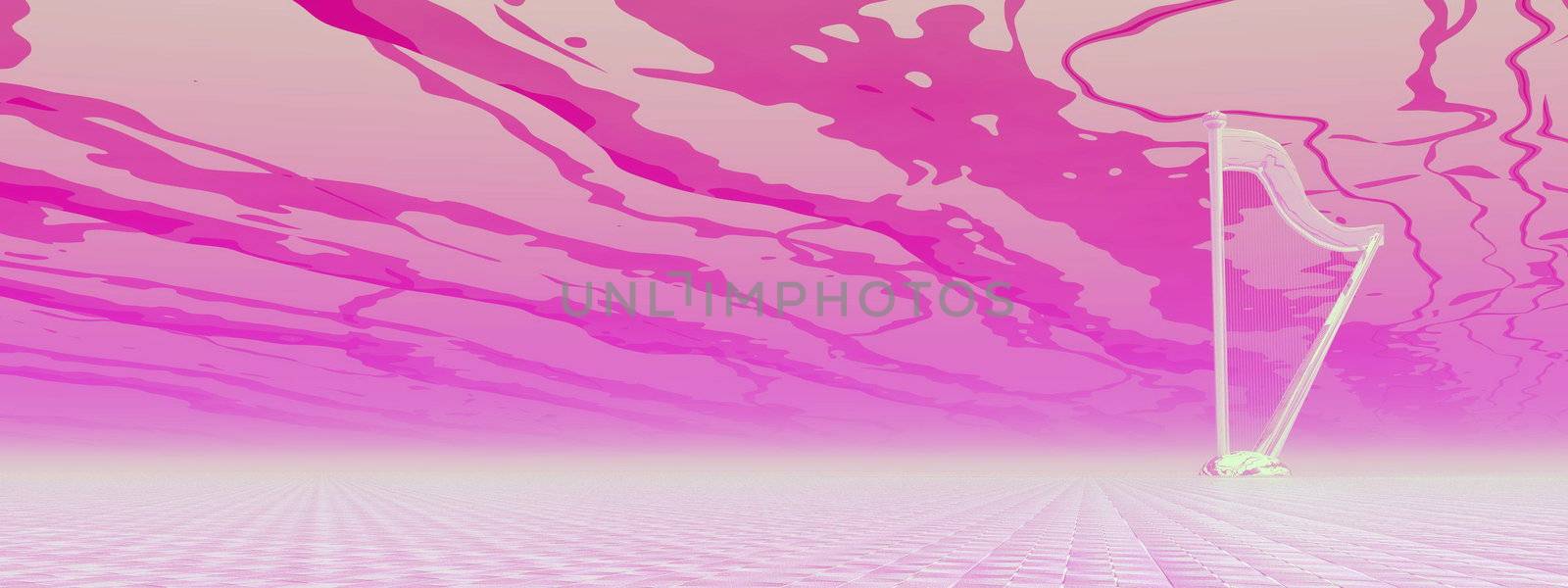 White harp standing alone in pink surrealistic background