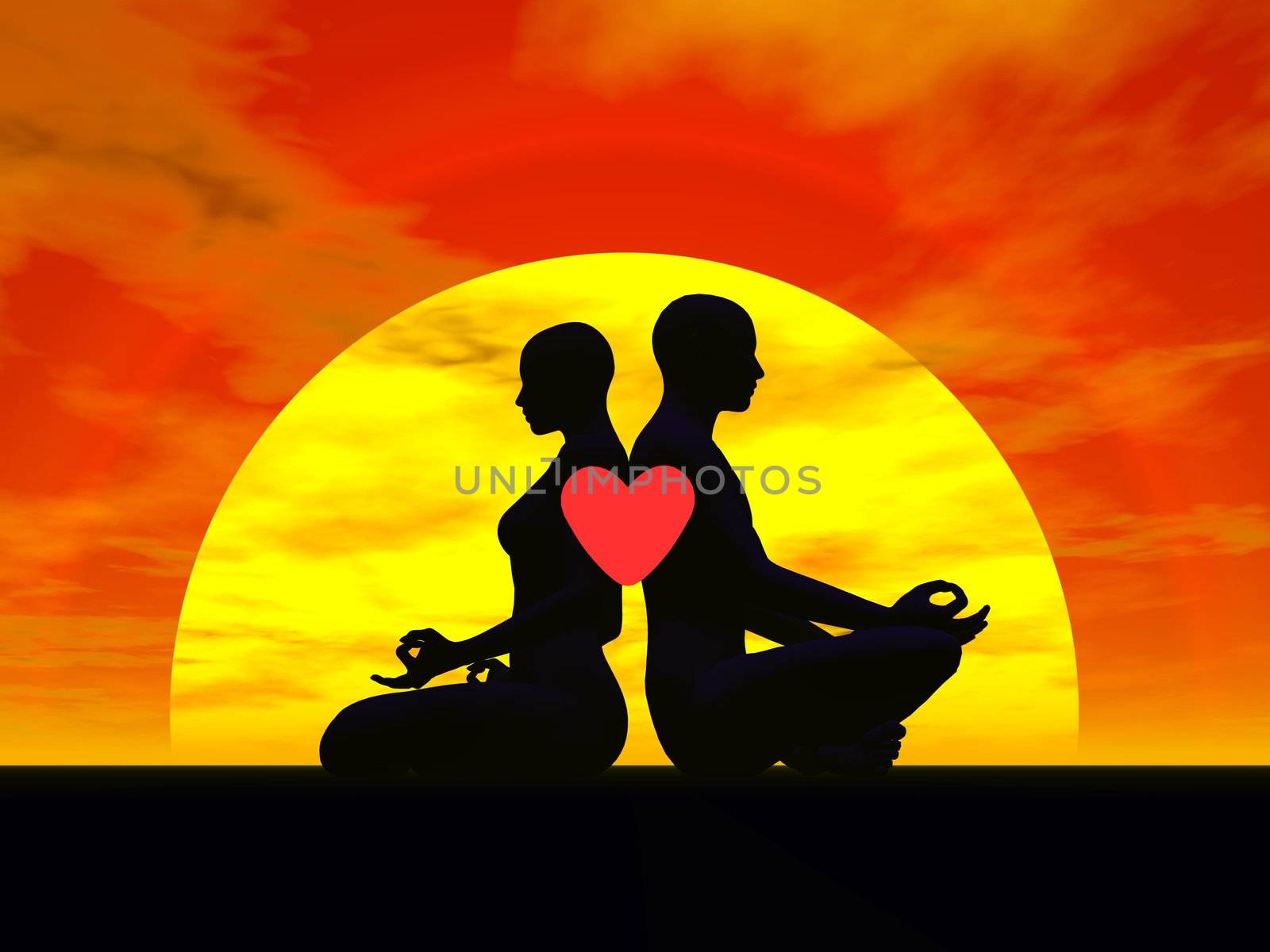 Shadow of man and woman back to back in lotus meditating posture by sunset, one heart upon them