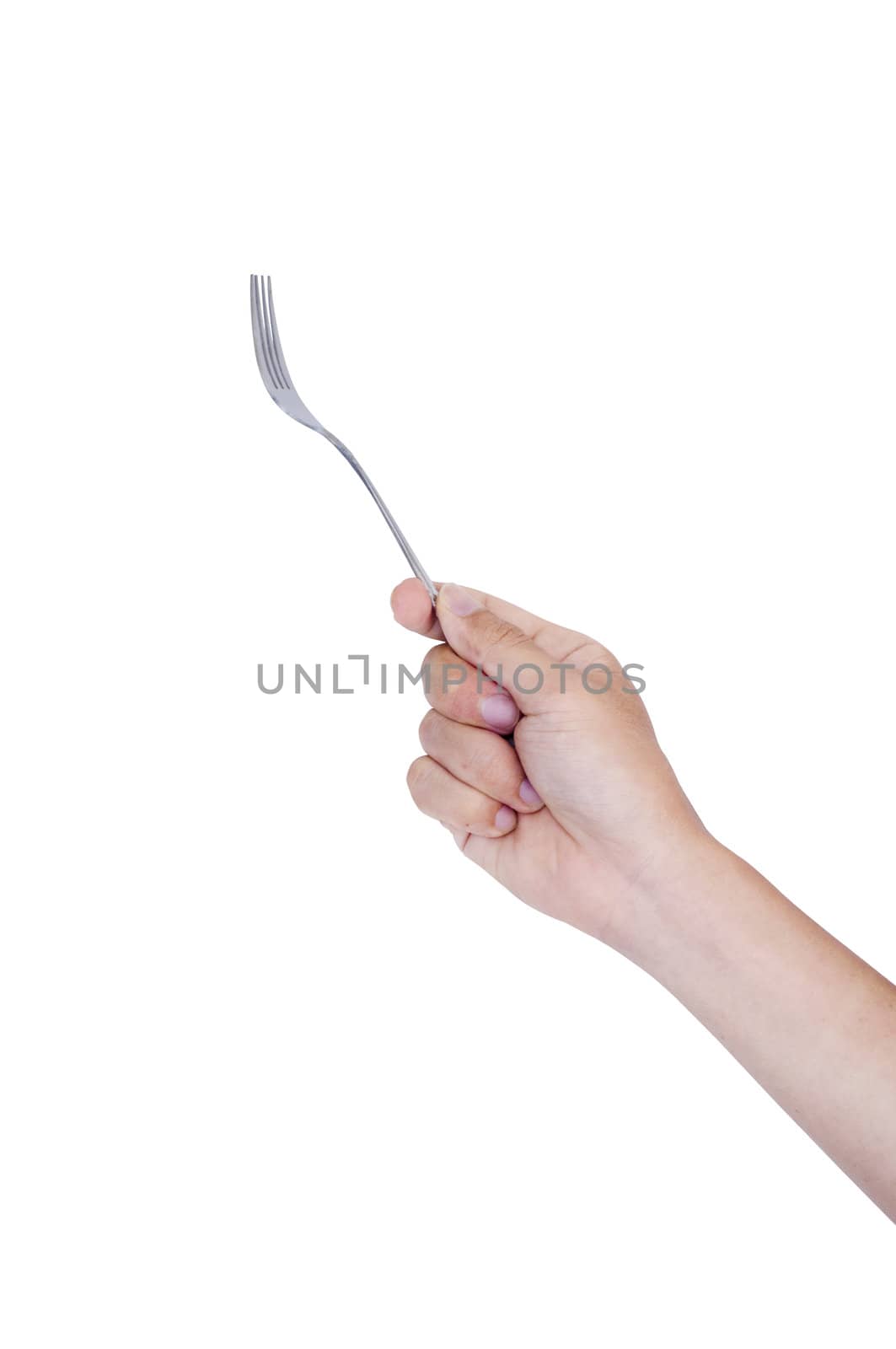 man hand holding a fork, isolated with clipping path in jpg.