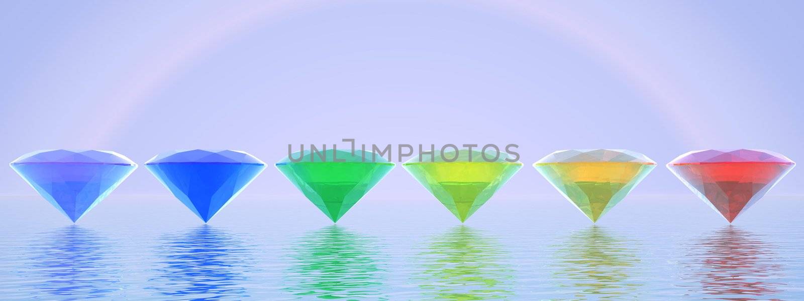 Six diamonds with rainbow colors in clear landscape with halo