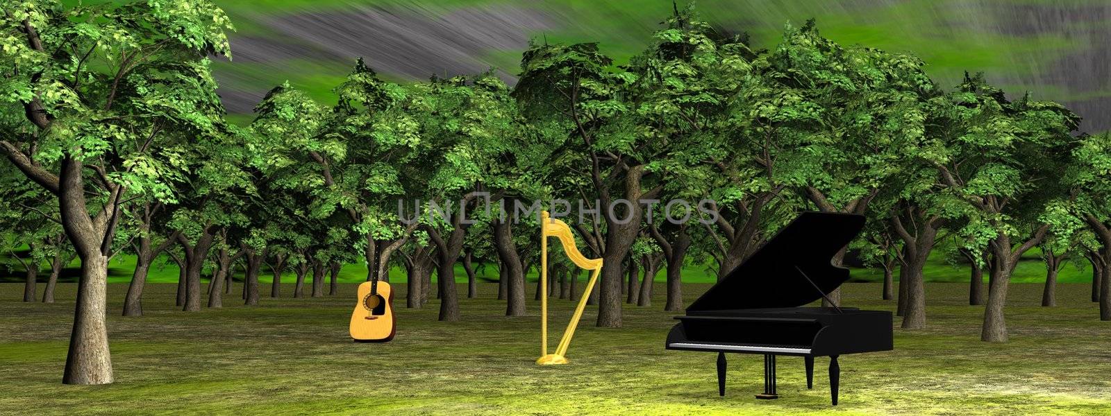 A piano, a guitar and a harp in the green woods
