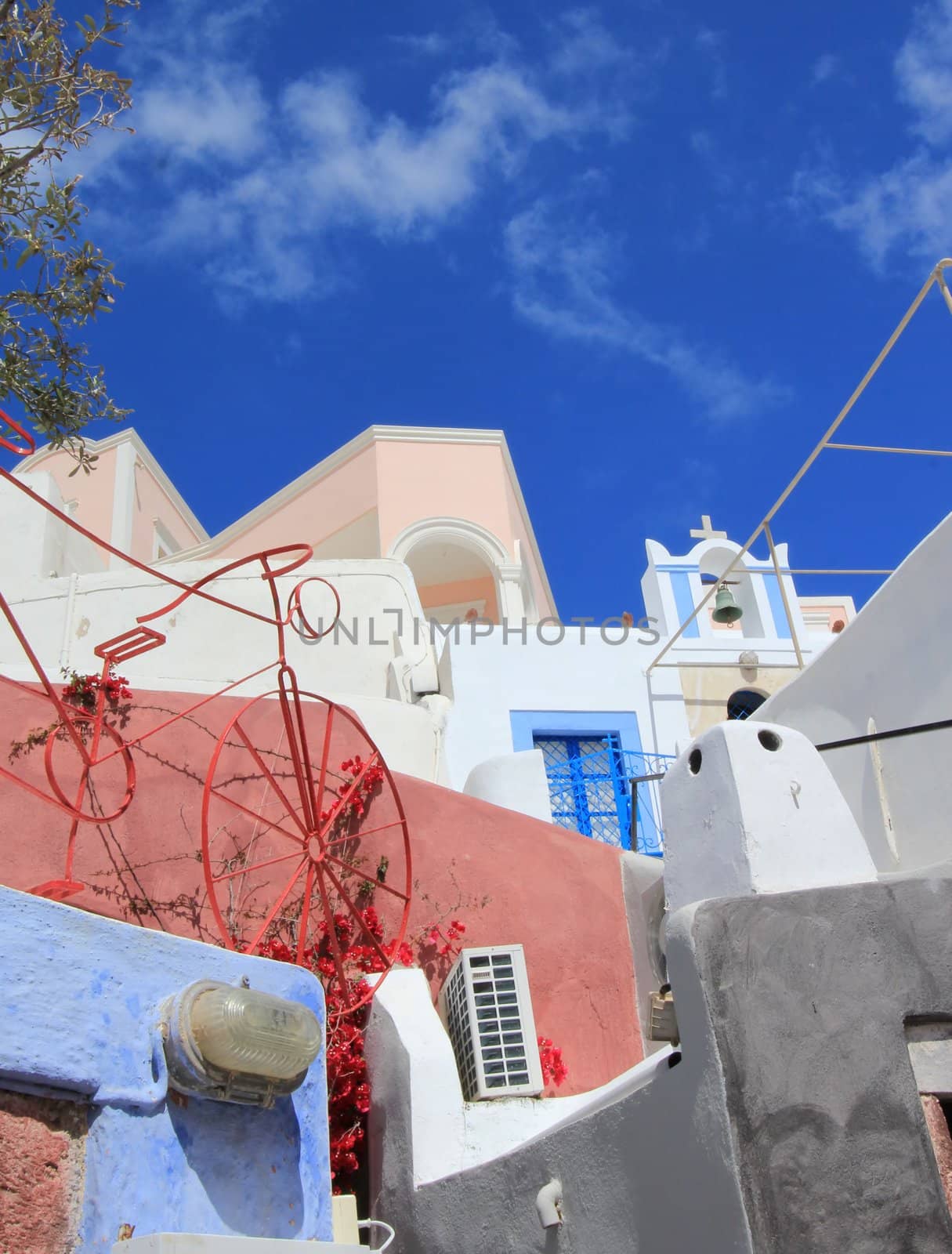 Typical architecture at Oia in Santorini, Greece, by beautiful weather