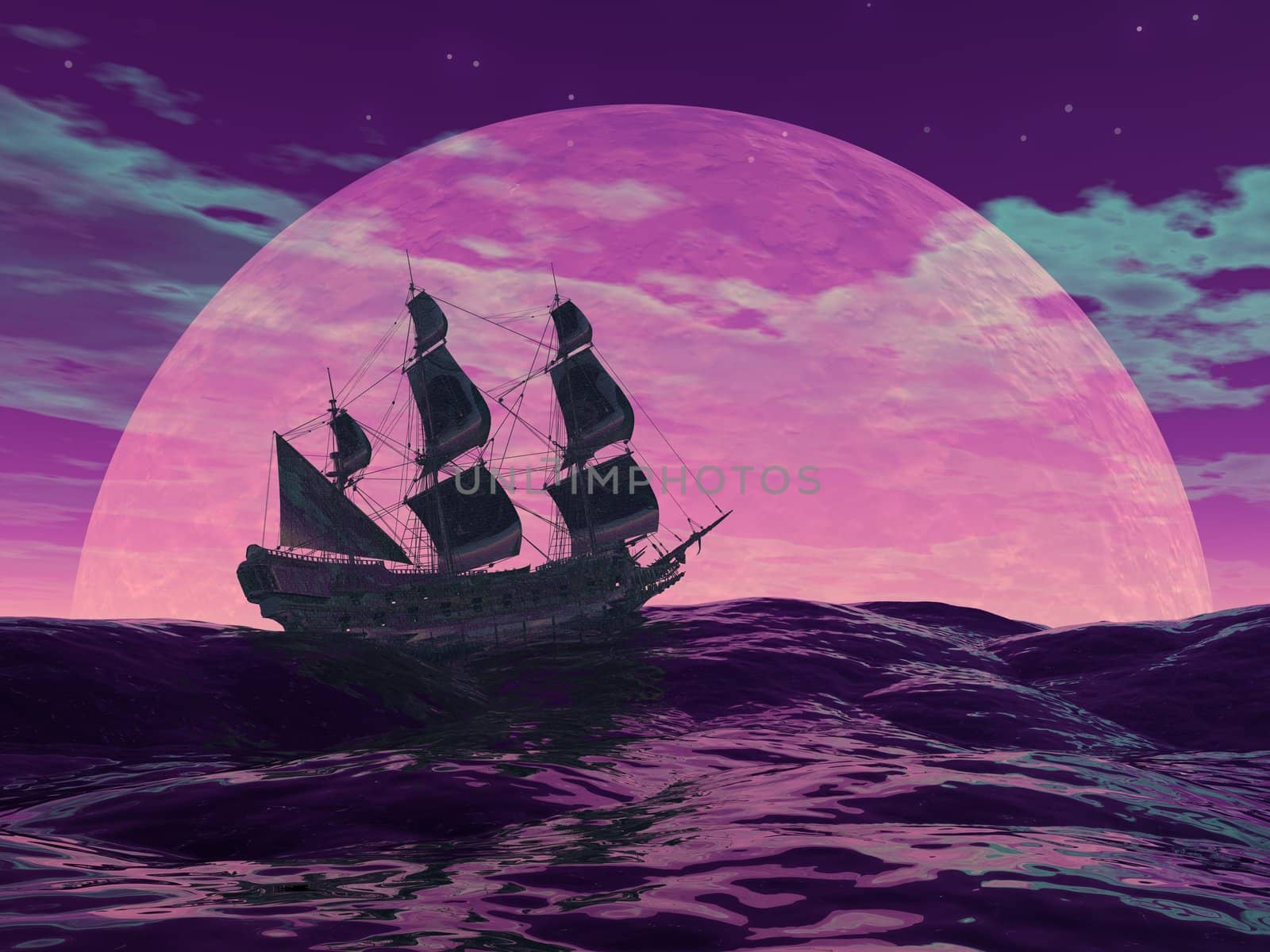 Flying dutchman boat by night - 3D render by Elenaphotos21