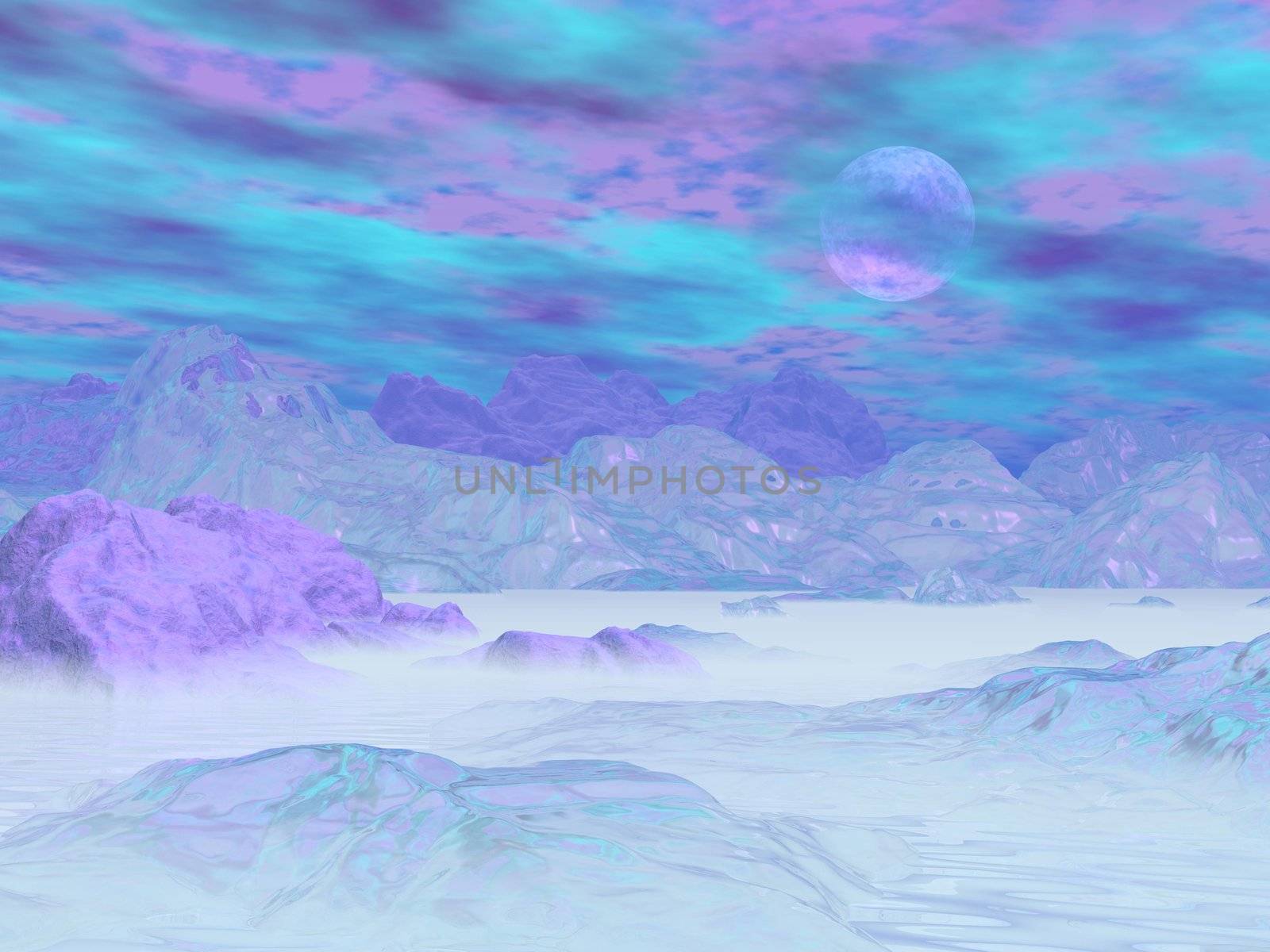 Icebergs by foggy weather and colorful cloudy morning light with full moon