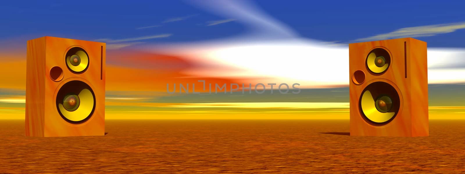 Pair of speakers standing on the ground in the desert with colorful sky