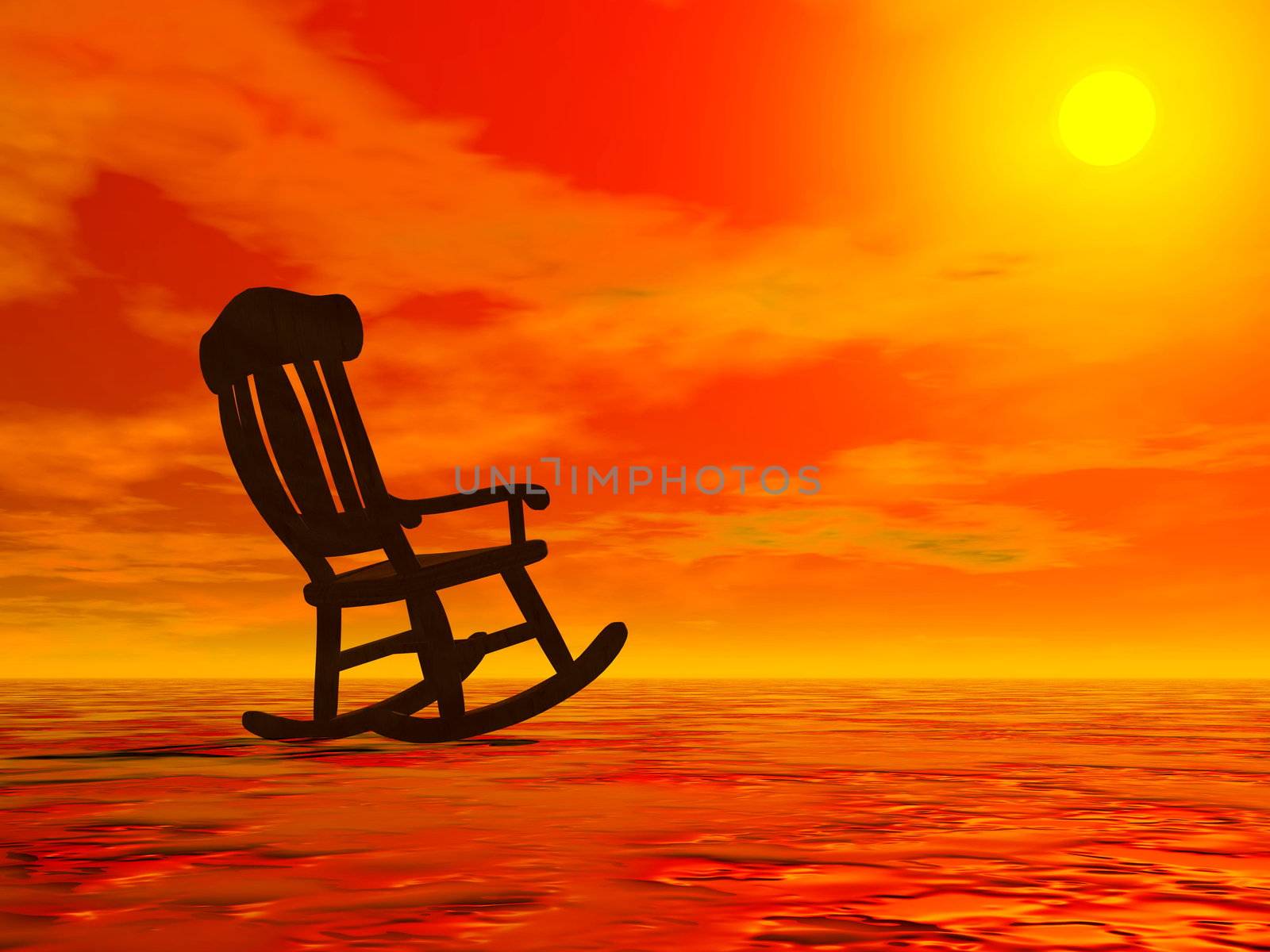 Rocking chair alone outside by beautiful sunset