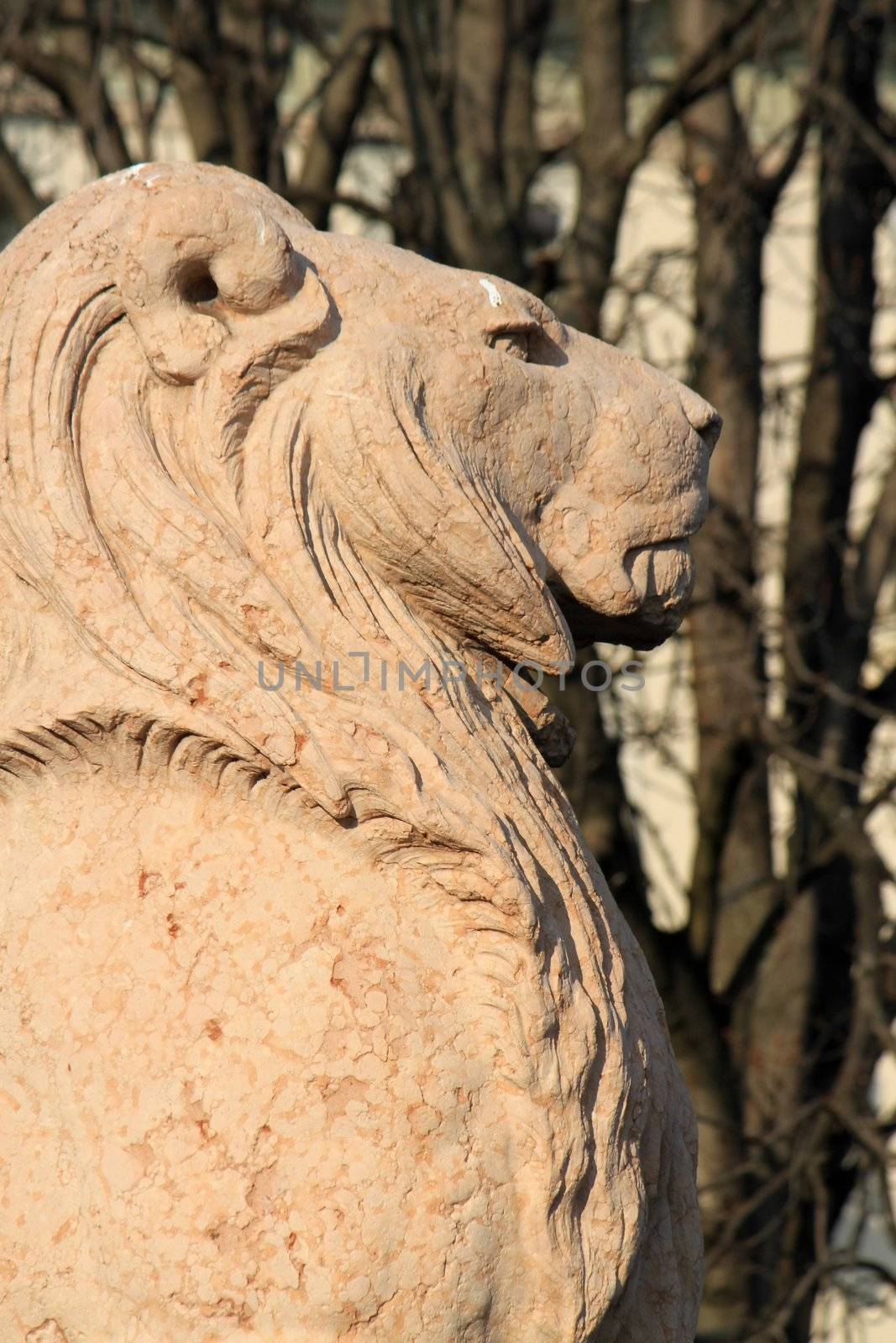 Lion made of stone guarding Brunswick monument at the entrance of Alps garden, Geneva, Switzerland