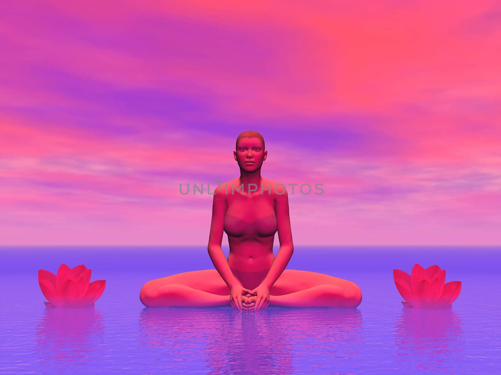 Woman sitting in yoga posture with two lotus flowers aside in pink background