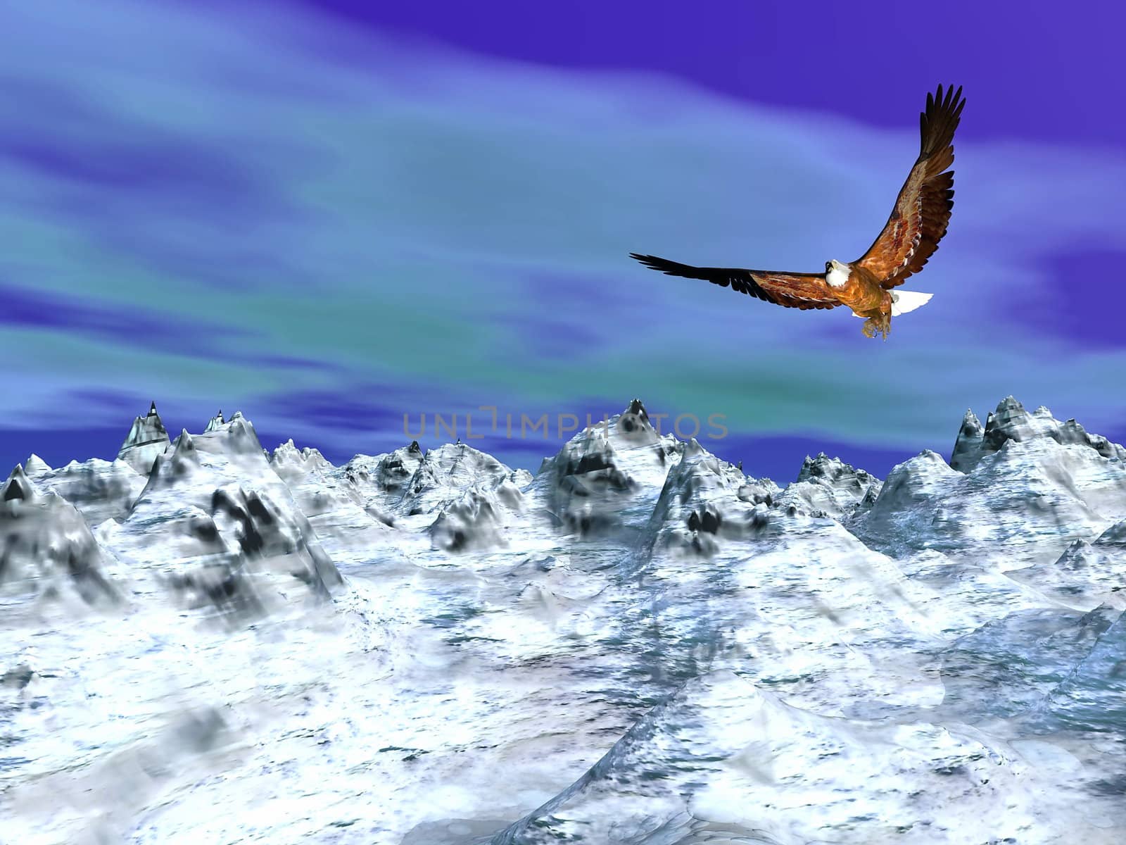 Beautiful eagle flying over the snowy mountain by cloudy winter day