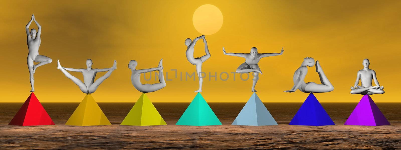 Yoga postures on seven colorful prymids for chakras by brown sunset