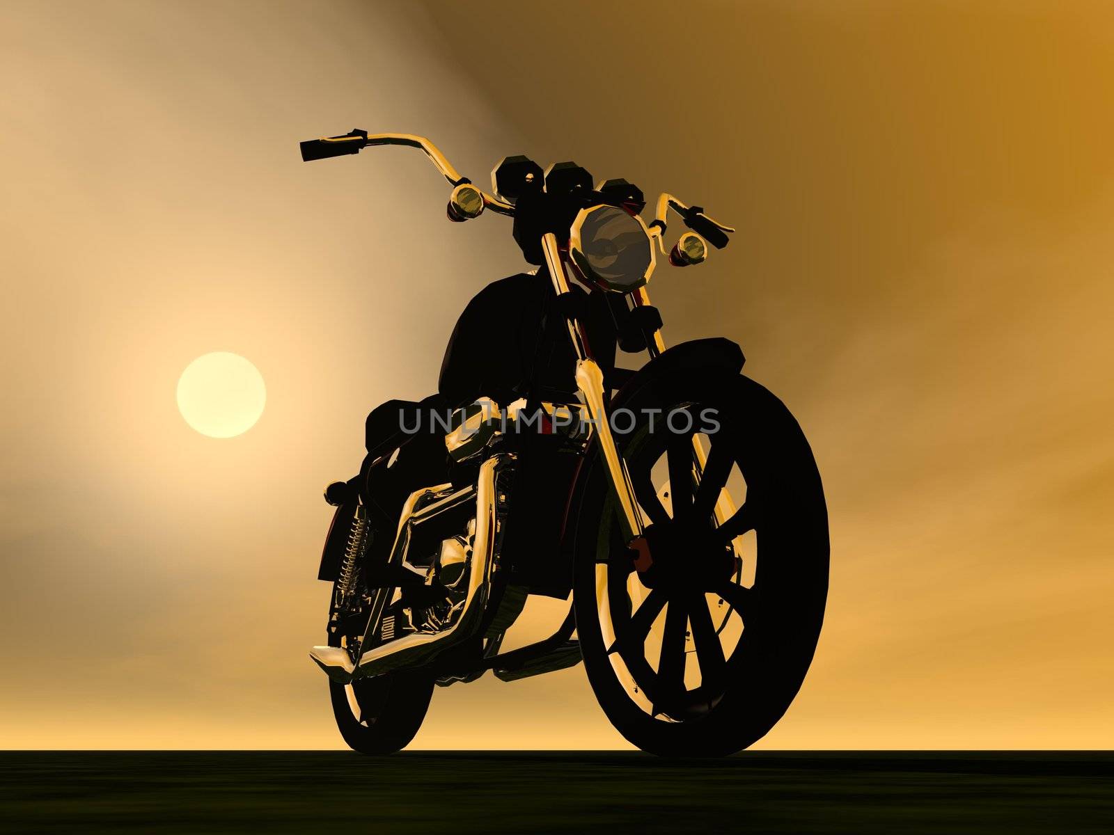 Shadow of a motorbike with metallic reflections by sunset
