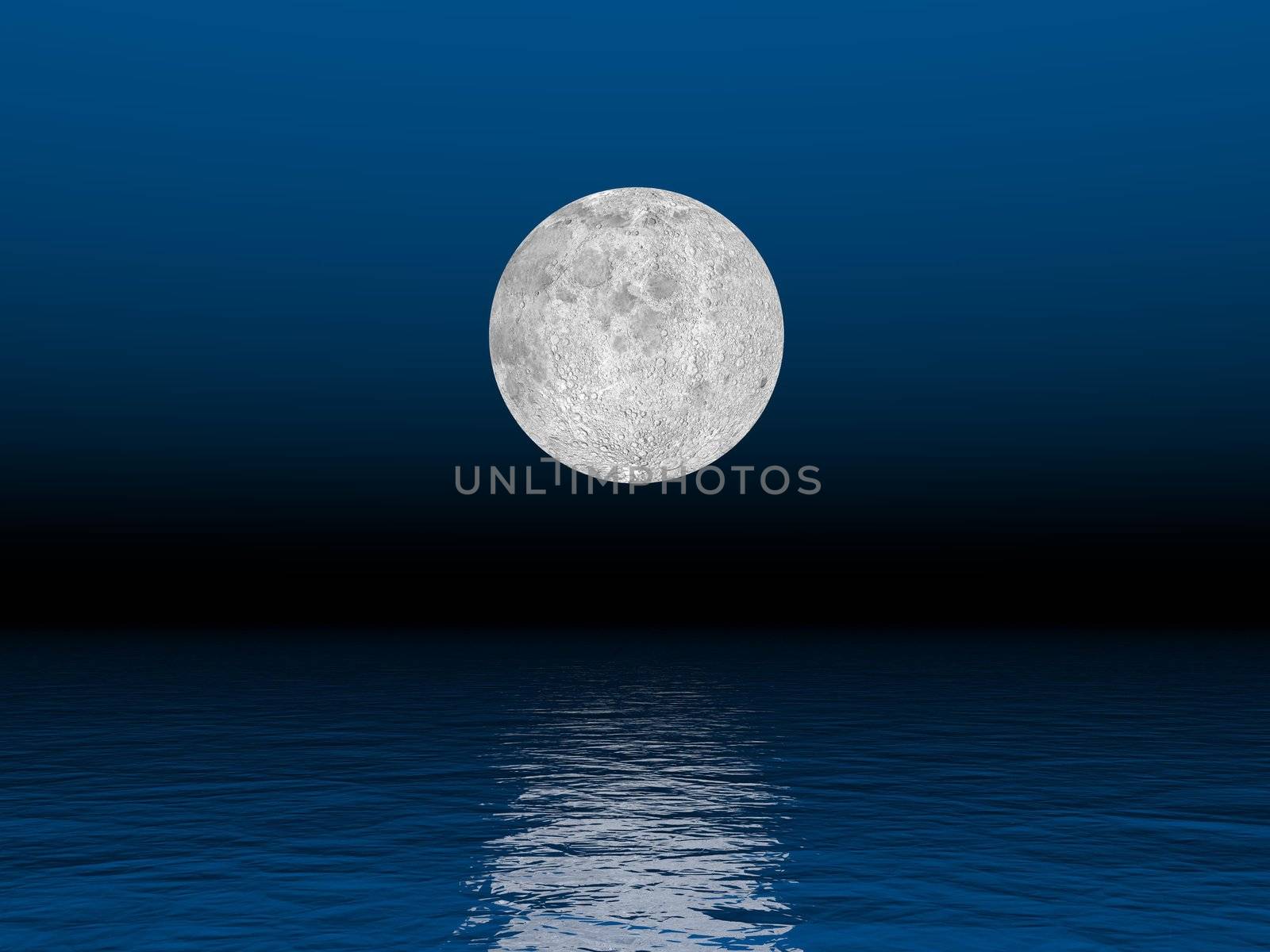 Beautiful full moon by deep blue night over the ocean
