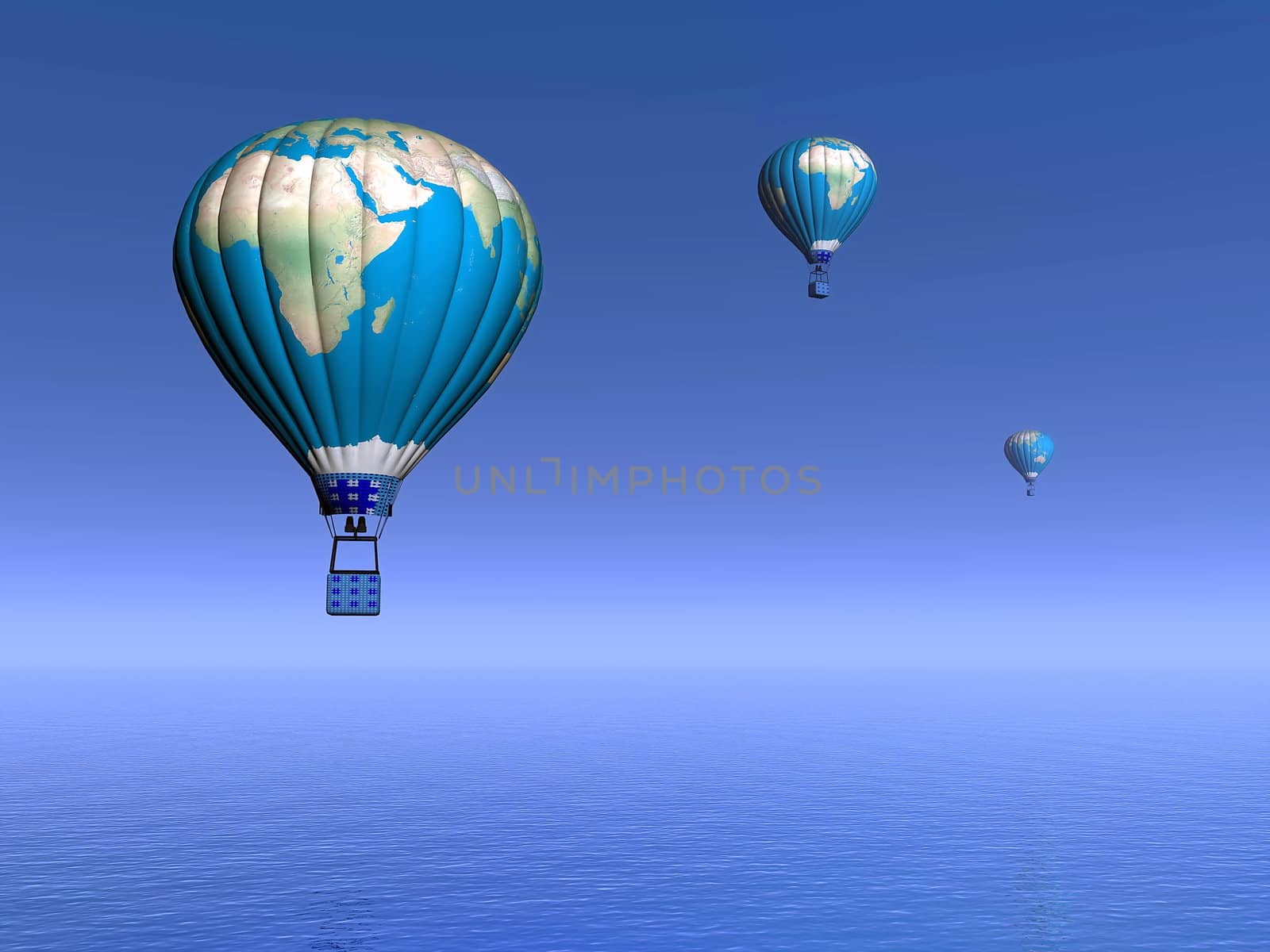 Three hot air balloons with earth map flying in the blue sky and upon the ocean