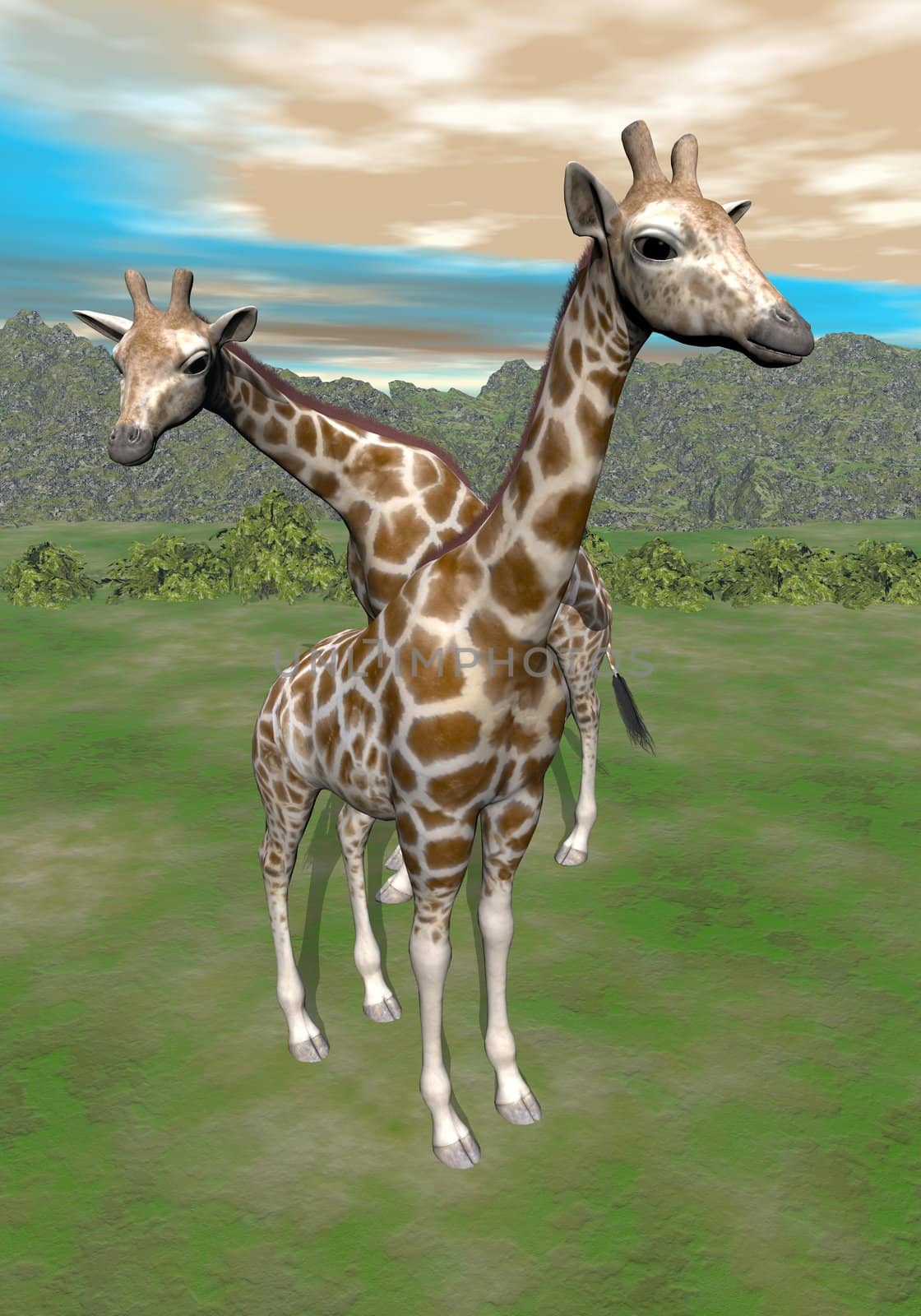 Giraffes in the savannah - 3D render by Elenaphotos21