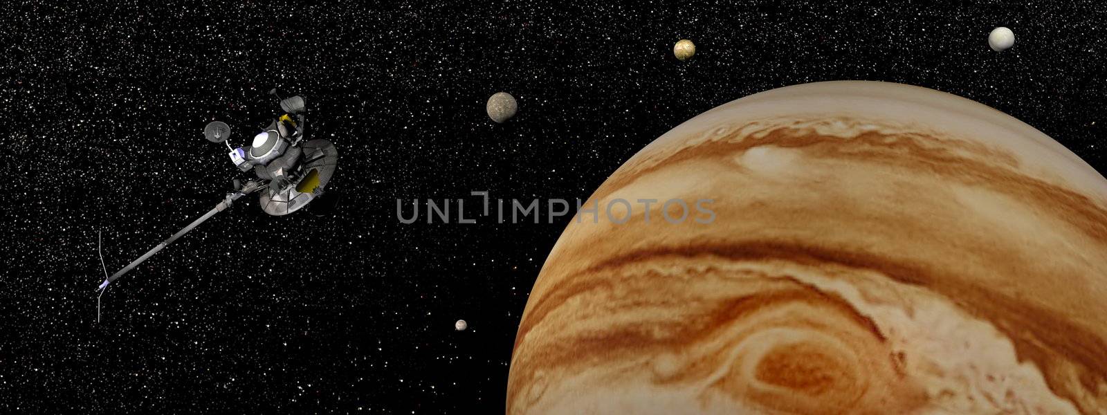 Voyager spacecraft near Jupiter and its satellites - 3D render by Elenaphotos21