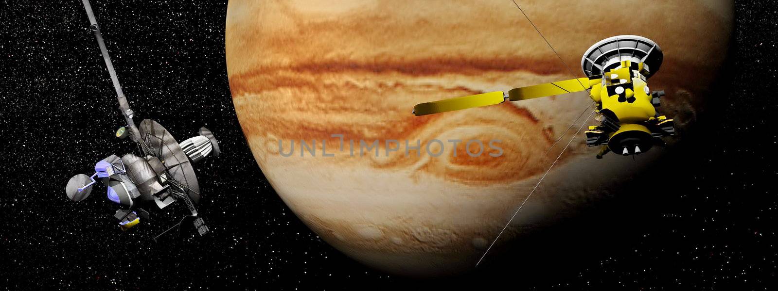 Galileo and Cassini spacecraft next to Jupiter - 3D render by Elenaphotos21