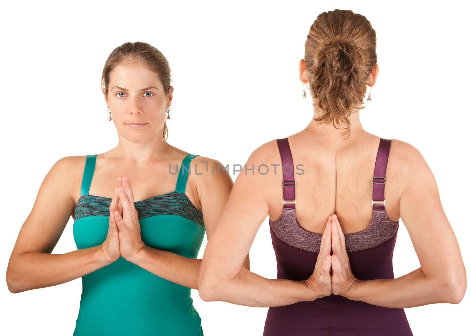 Two women in forward and backward namaskar salutation poses