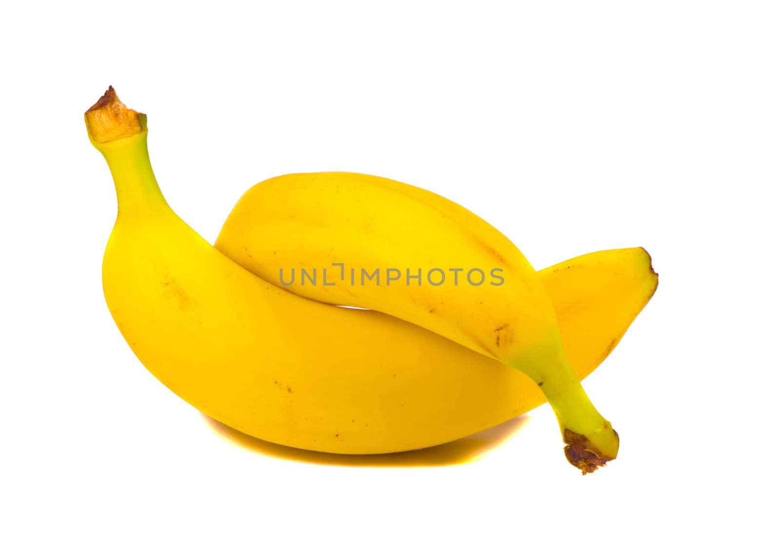 Intertwine pair of two yellow bananas isolated on white background.