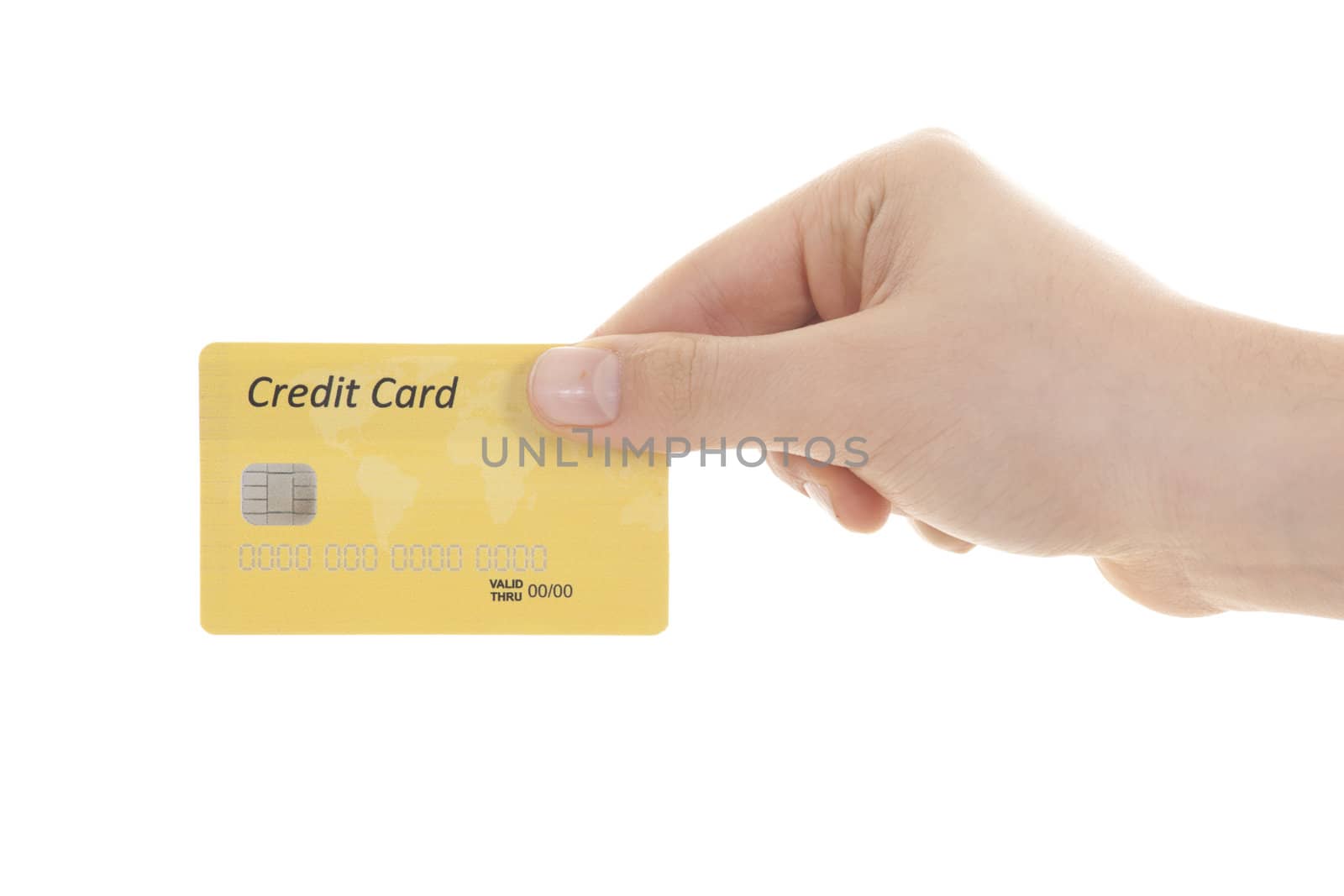 hand with credit card over white background