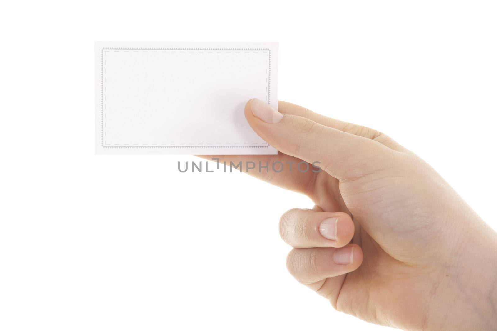 Hand holding empty card isolated on white background  by senkaya
