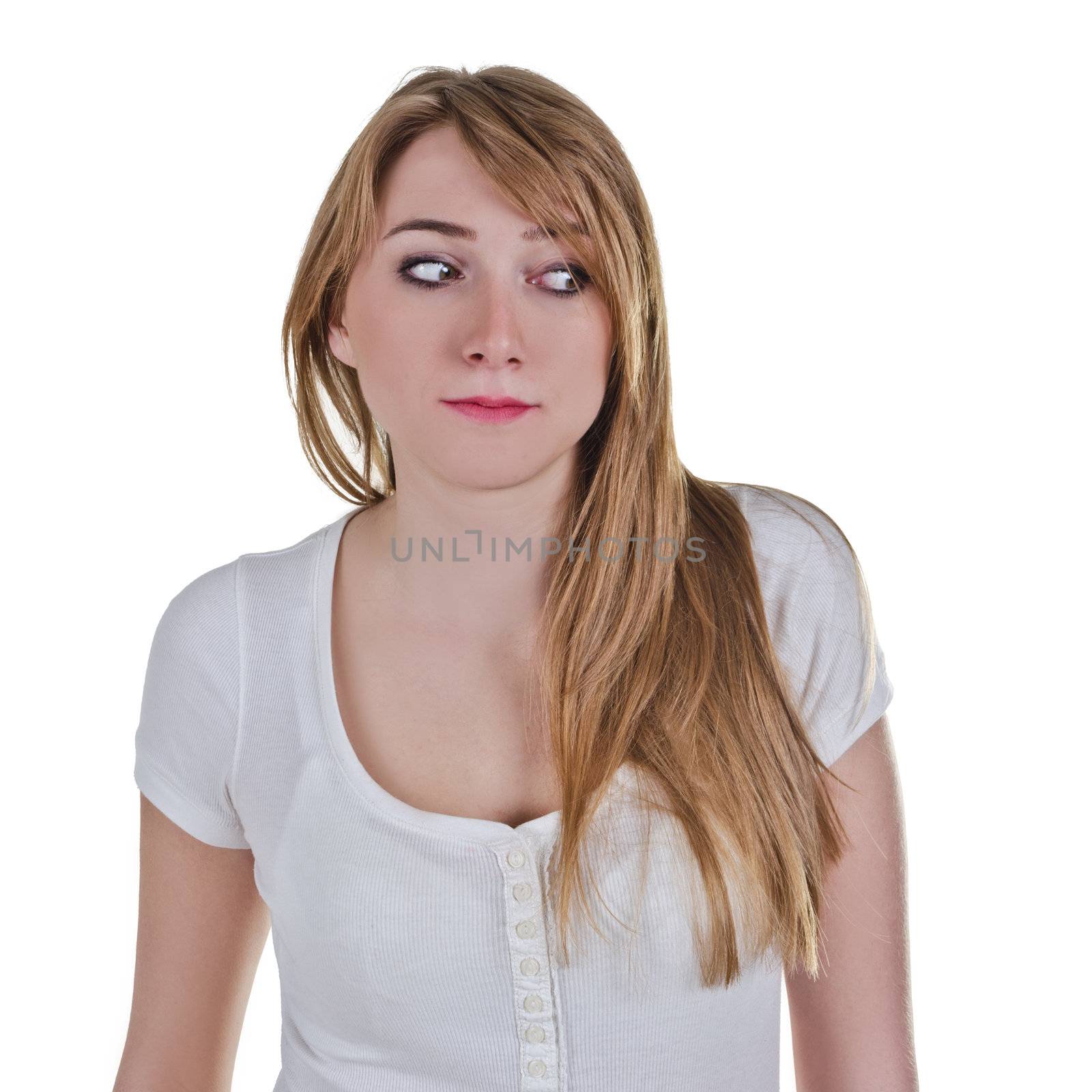 Young woman looking down-left with expression as she is afraid of something