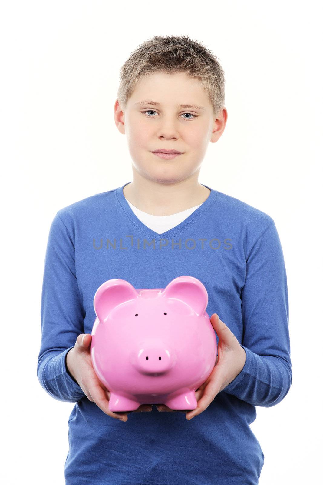 boy with pink piggy bank on white background