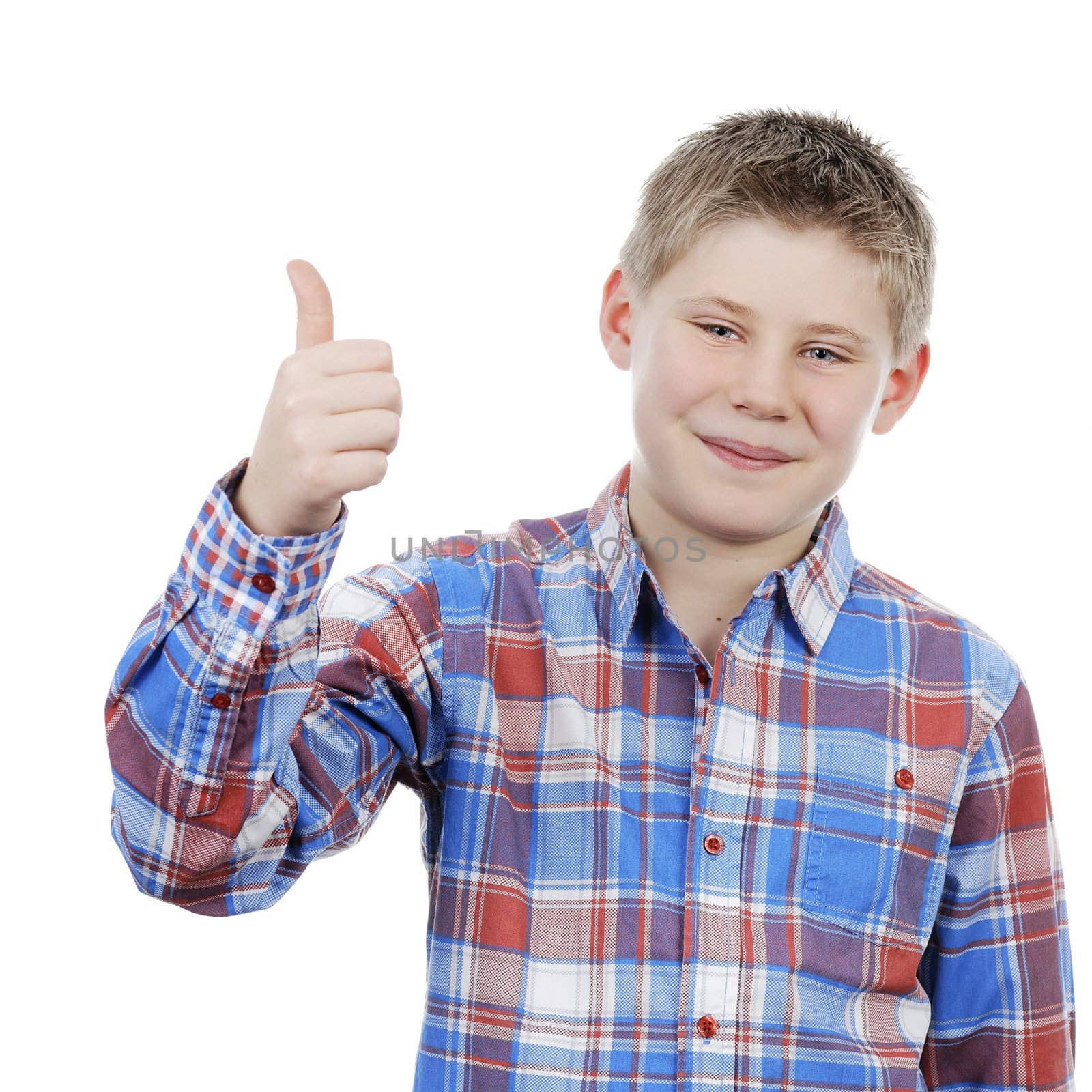 little boy with thumb up isolated on a white background 