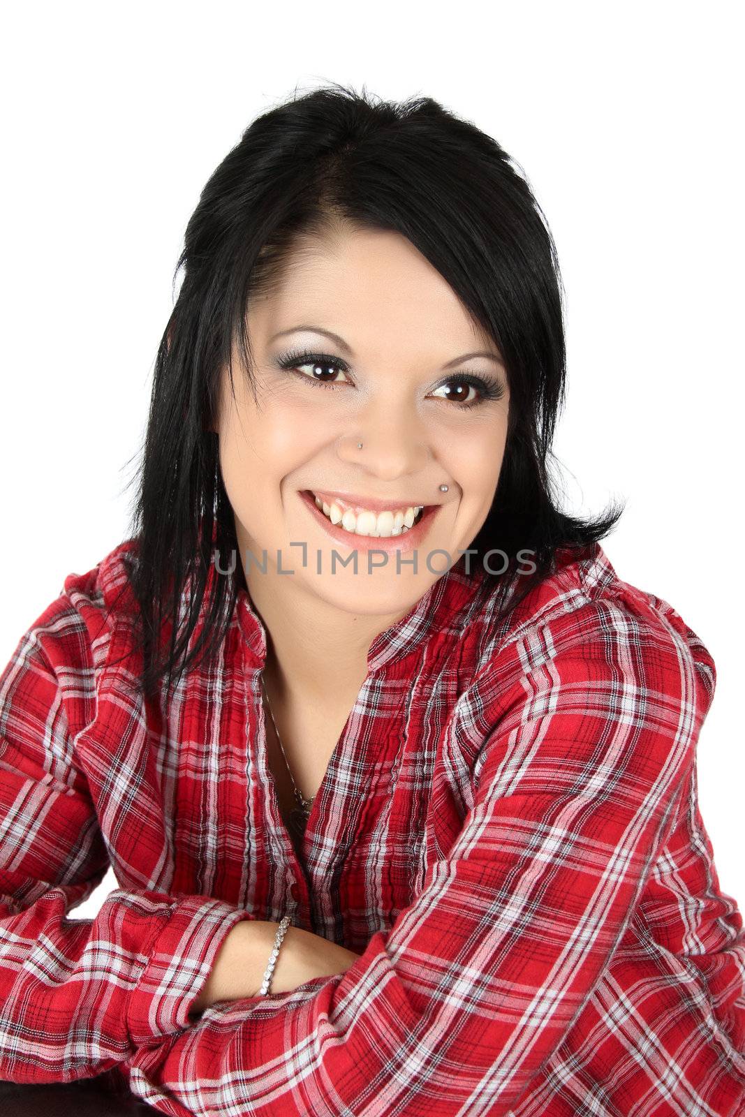 Beautifil brunette female against a white background