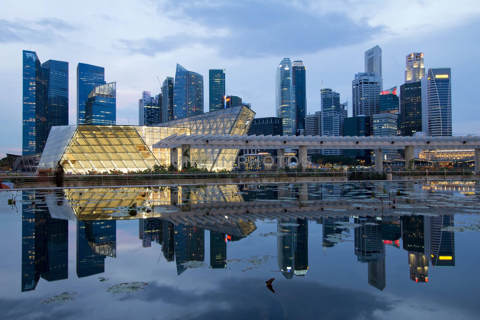 Reflection of Singapore City Skyline on Marina Bay at Blue Hour