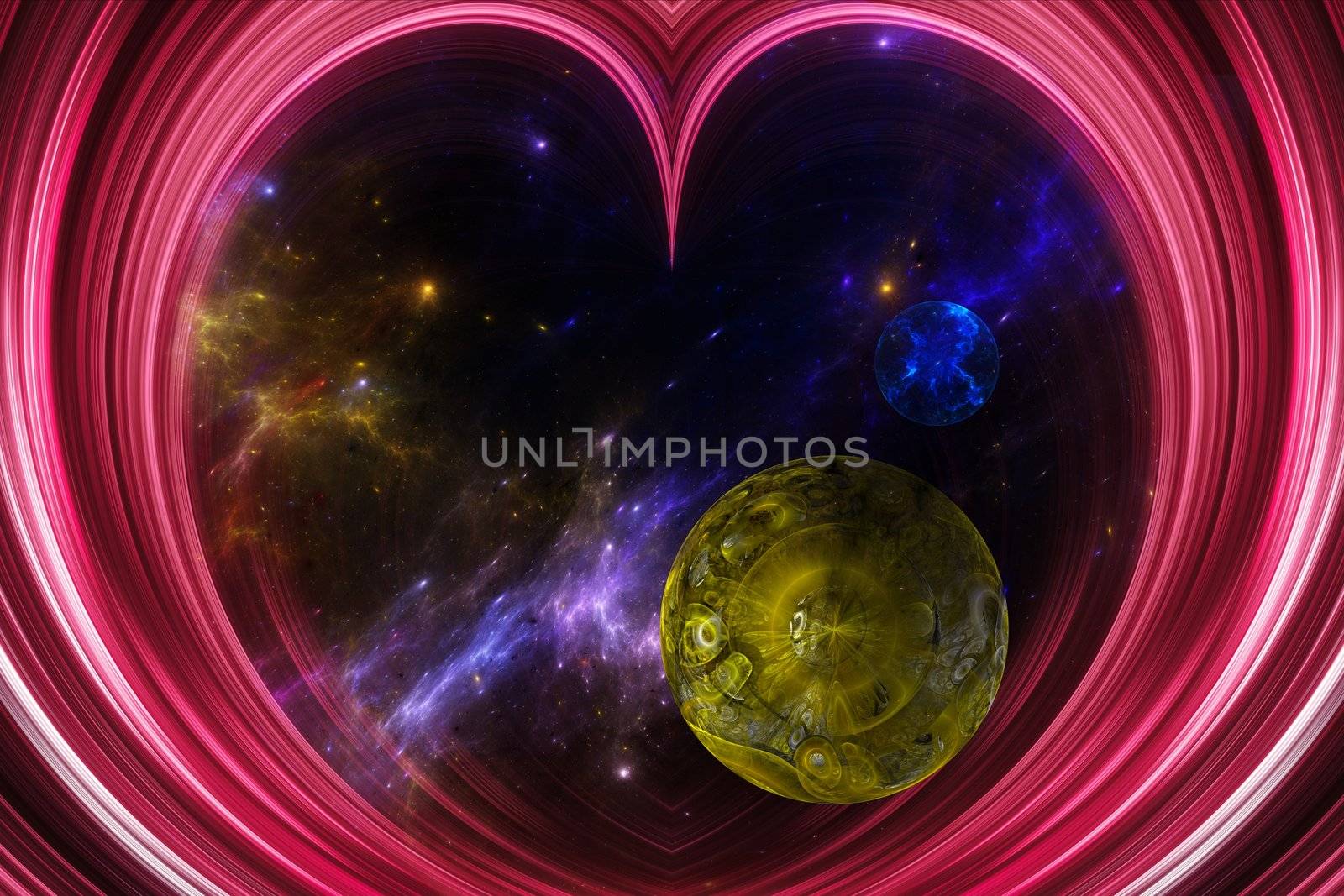 Illustration of an abstract  view of the Universe through a pink heart shaped  ' window ' showing galaxies, nebula, stars and planets.