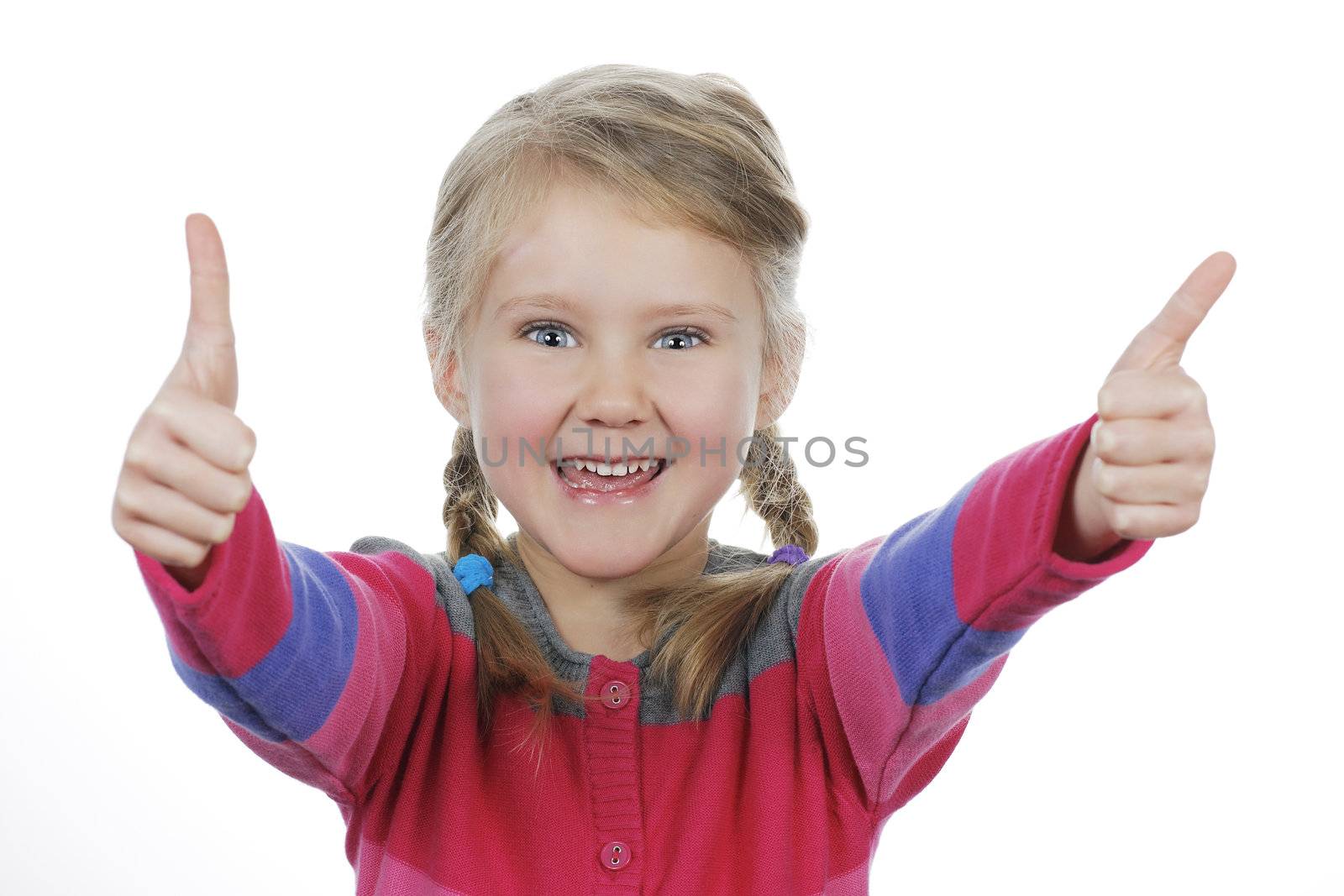 Portrait of a beautiful girl showing thumbs up on white background