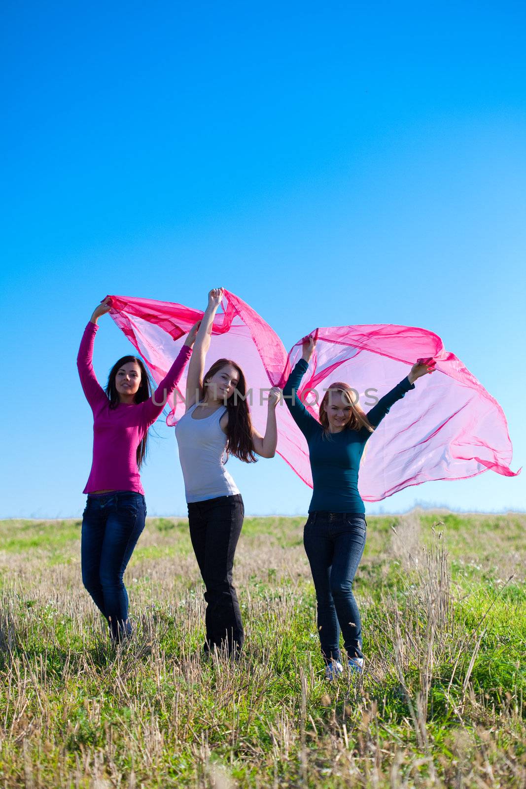 three young beautiful woman standing with tissue into the field against the sky