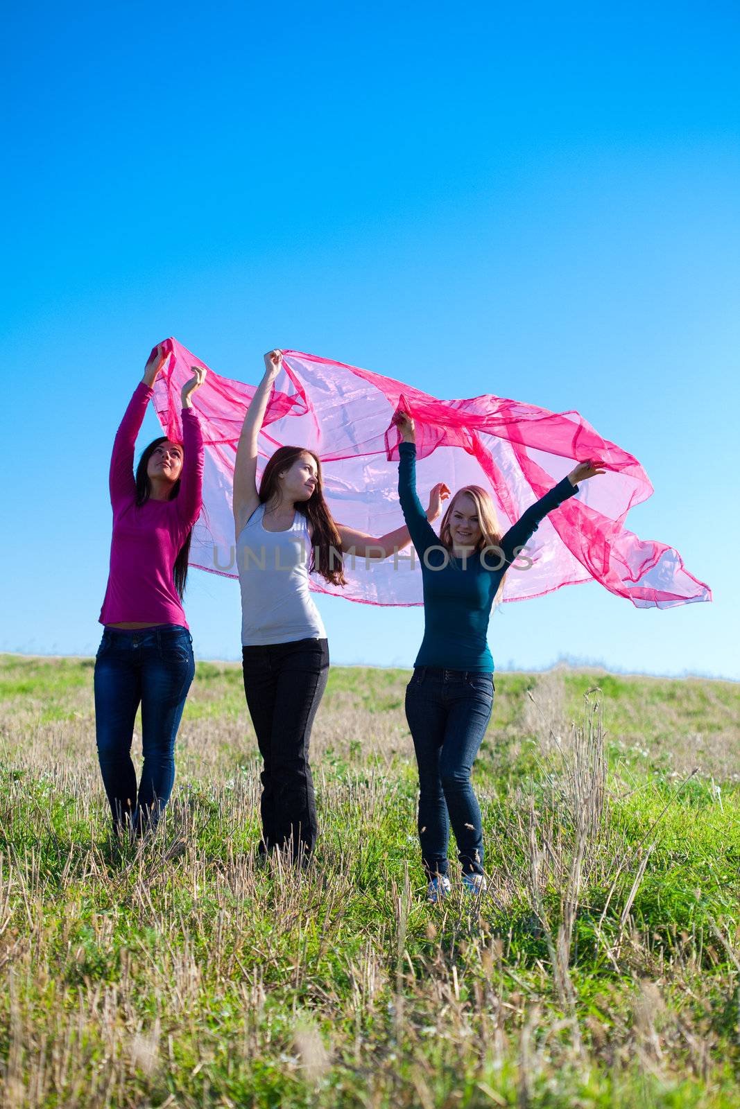 three young beautiful woman standing with tissue into the field against the sky