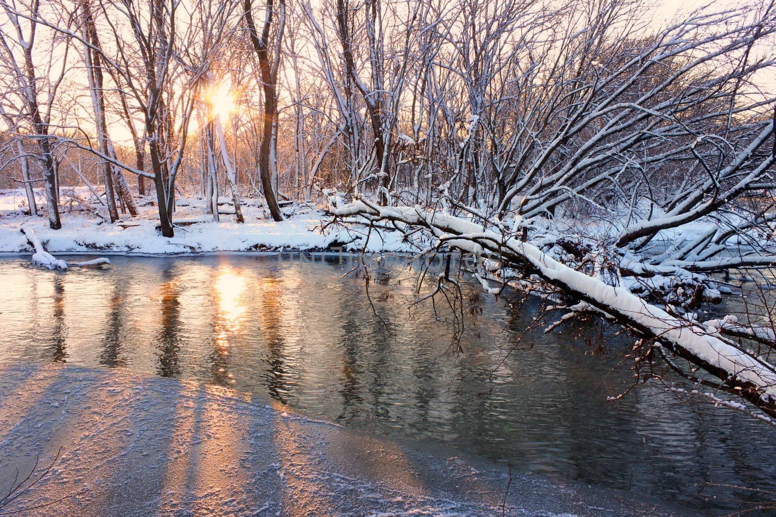 Light of sunset sparkles off the Kishwaukee River in northern Illinois.