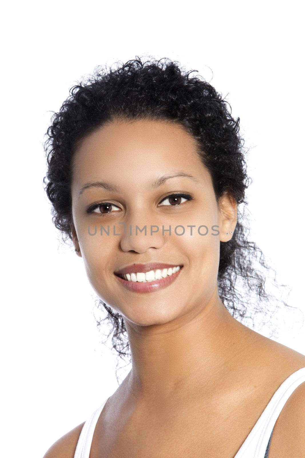 Close up portrait of beautiful dark skinned woman isolated on white