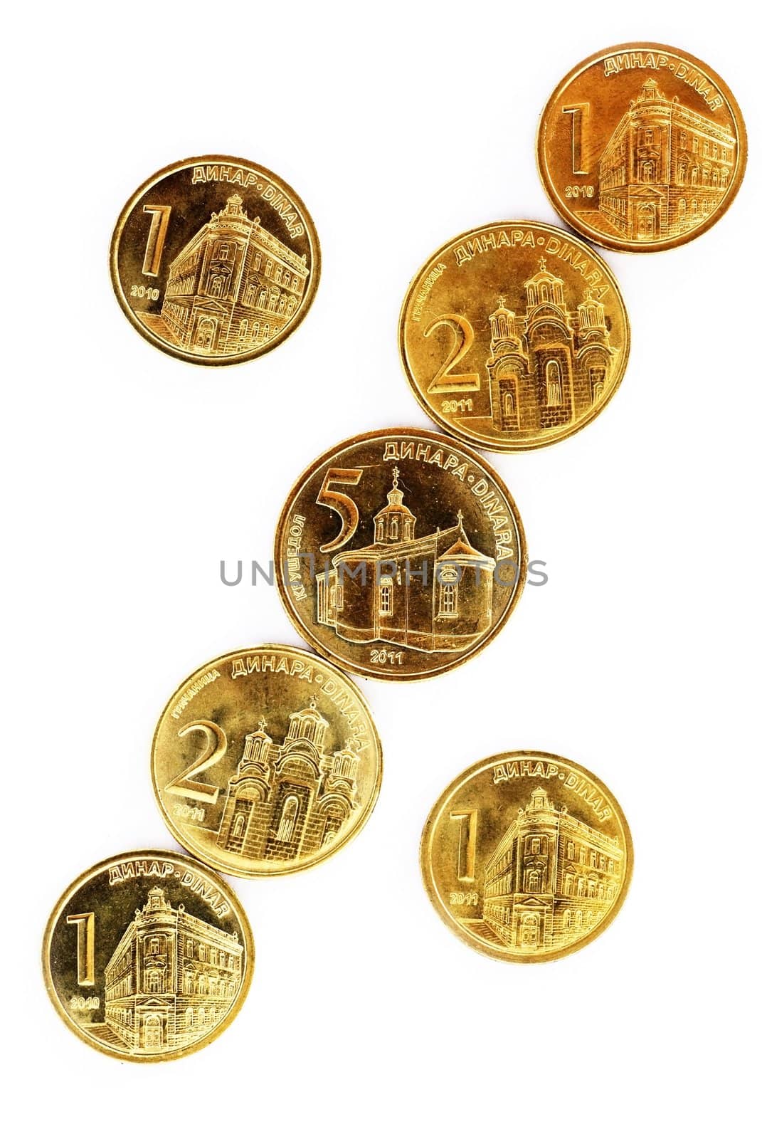 various serbian dinars coins over white background