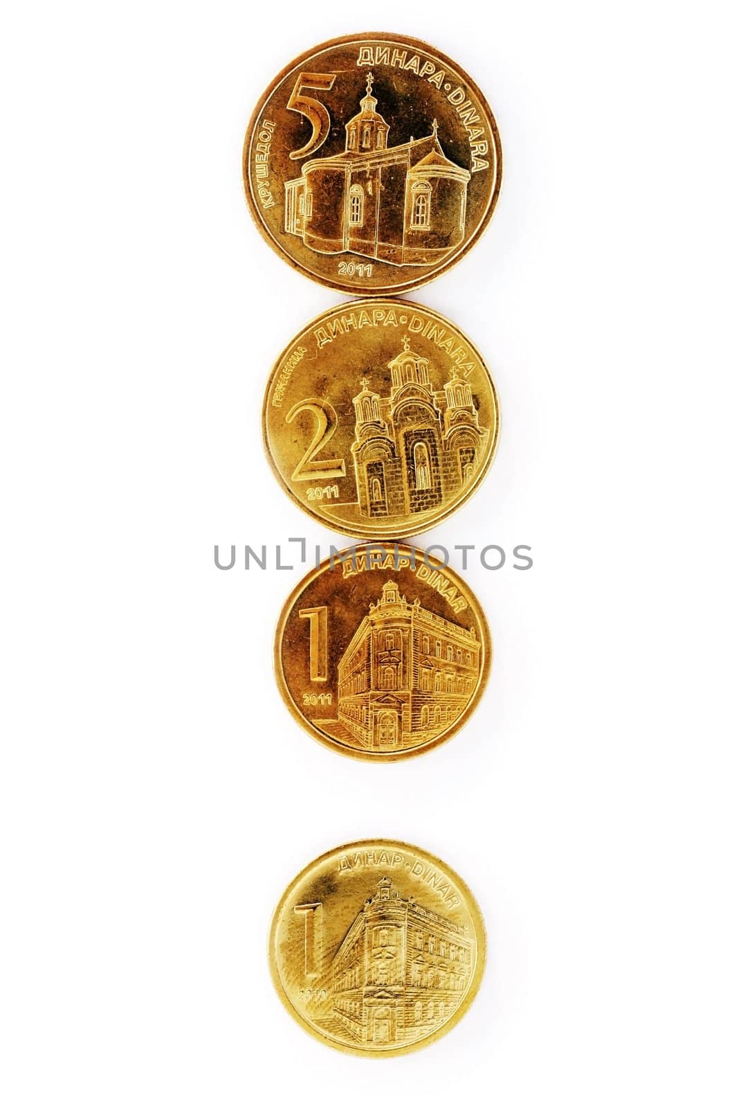 serbian dinars coins over white background, in exclamation shape