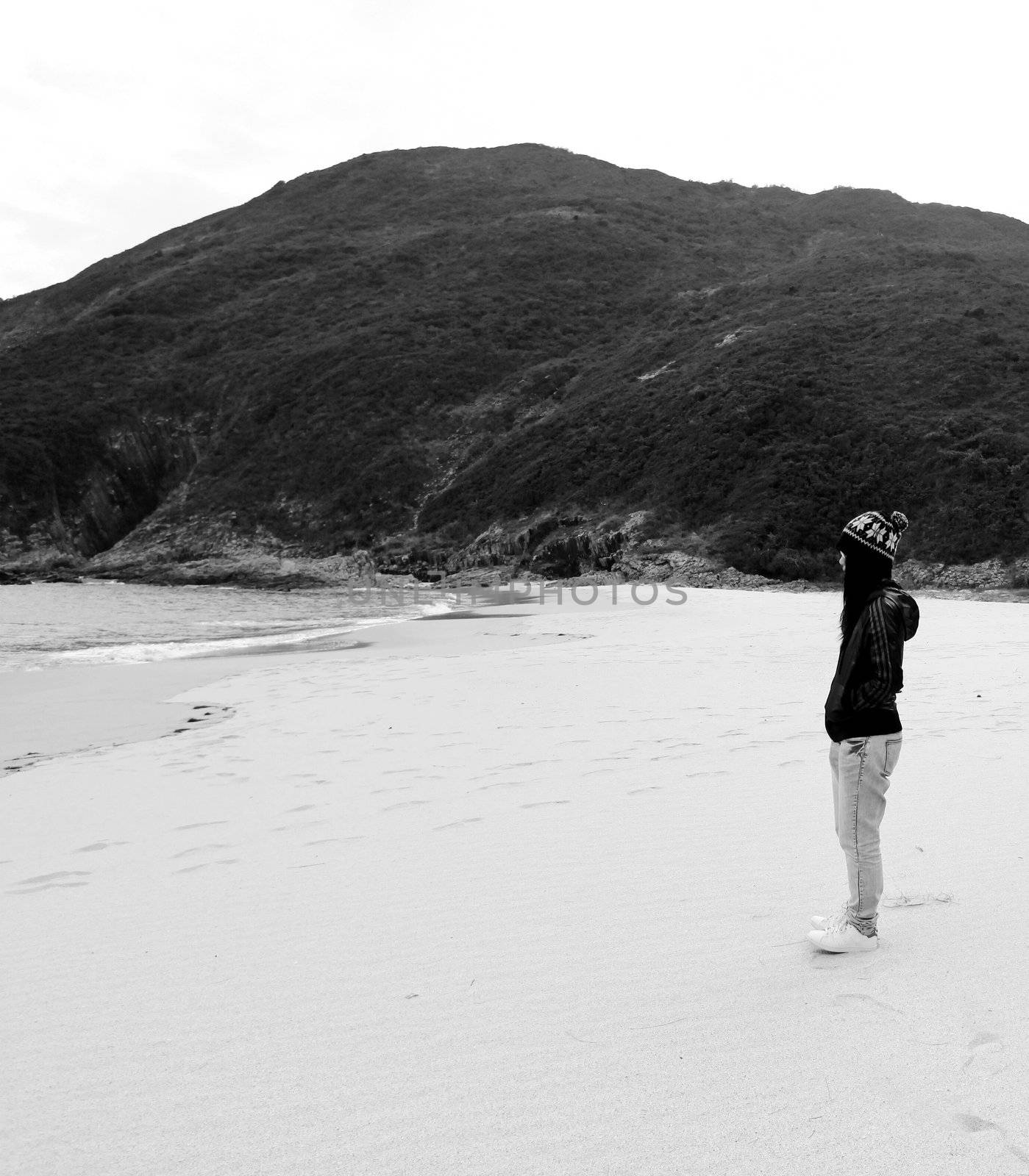 Asian woman thinking in black and white toned