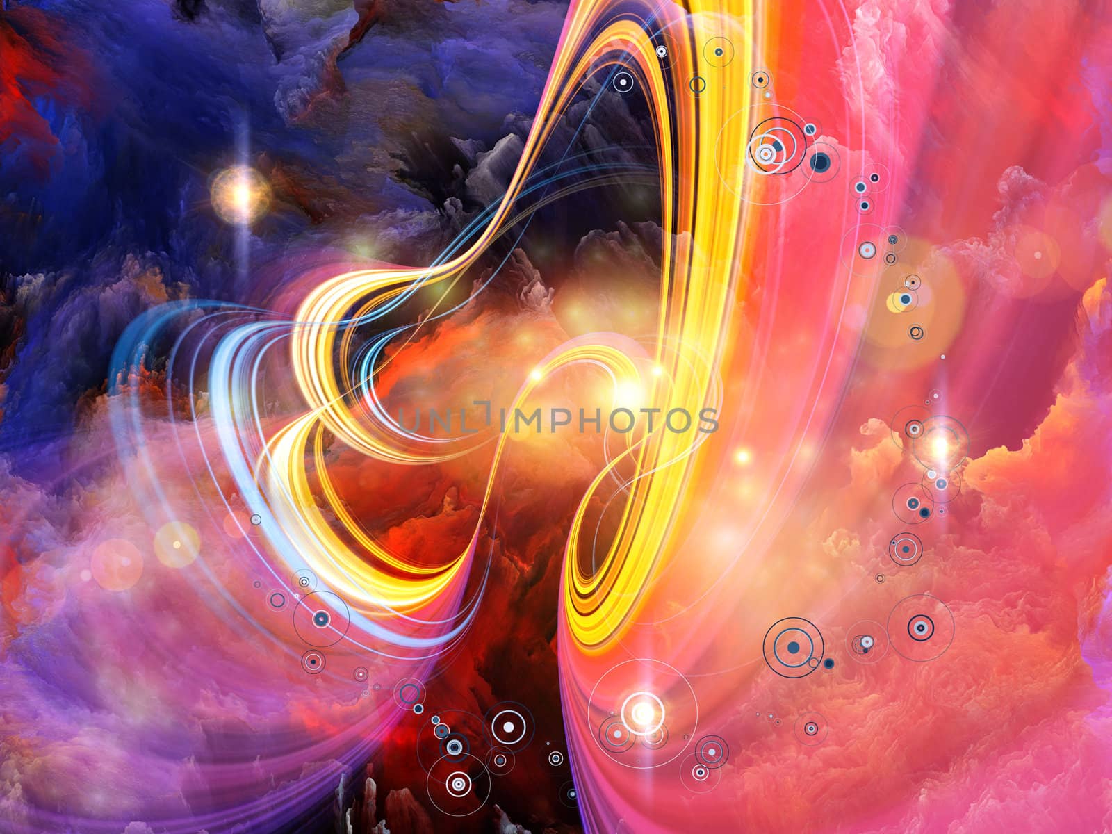 Abstract landscape of colorful fractal foam, light trails and lights suitable as a backdrop for art, music, fantasy and imagination related projects