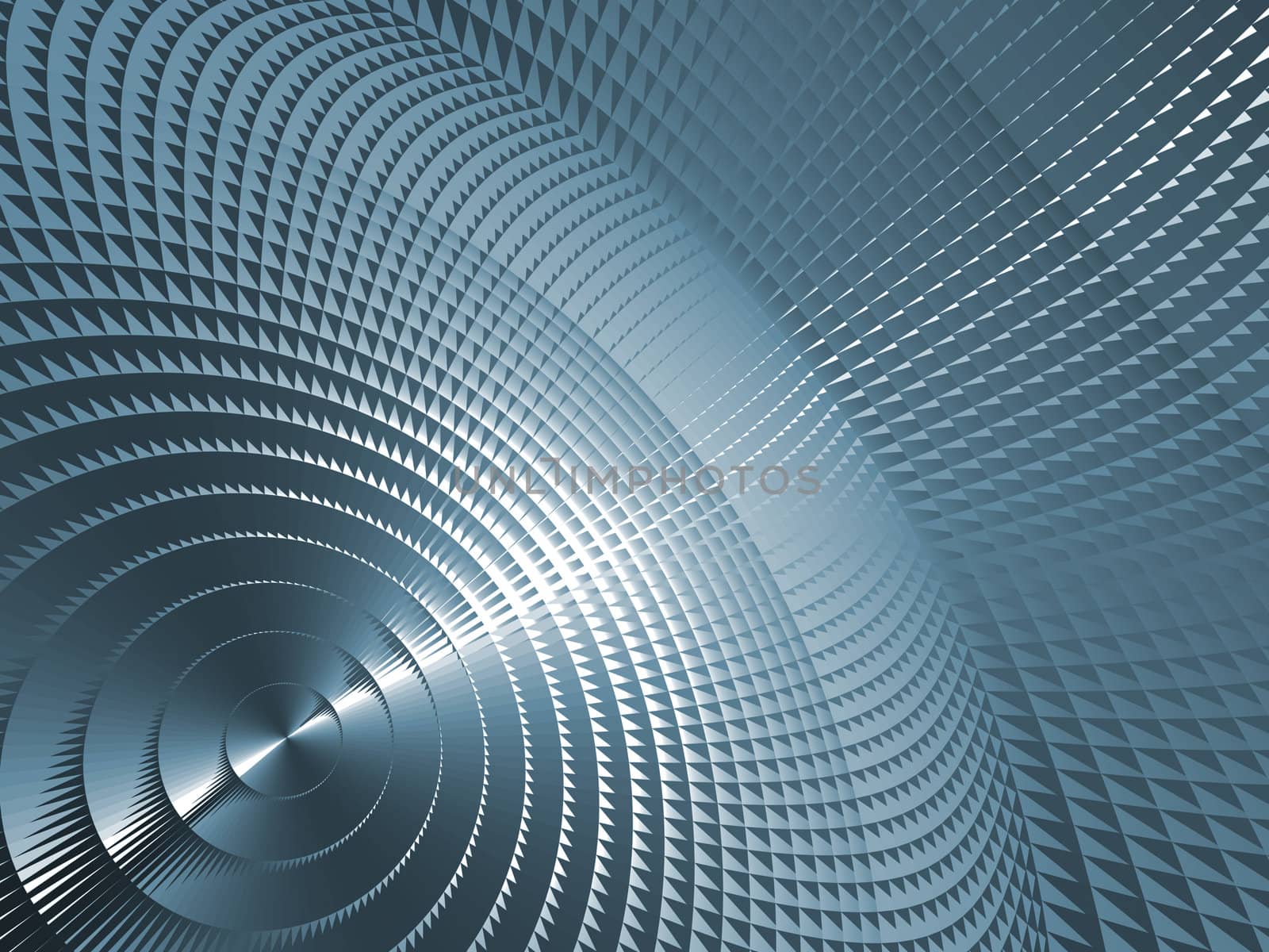 Rendering of section of blue metallic three dimensional circular mesh suitable as a background screen