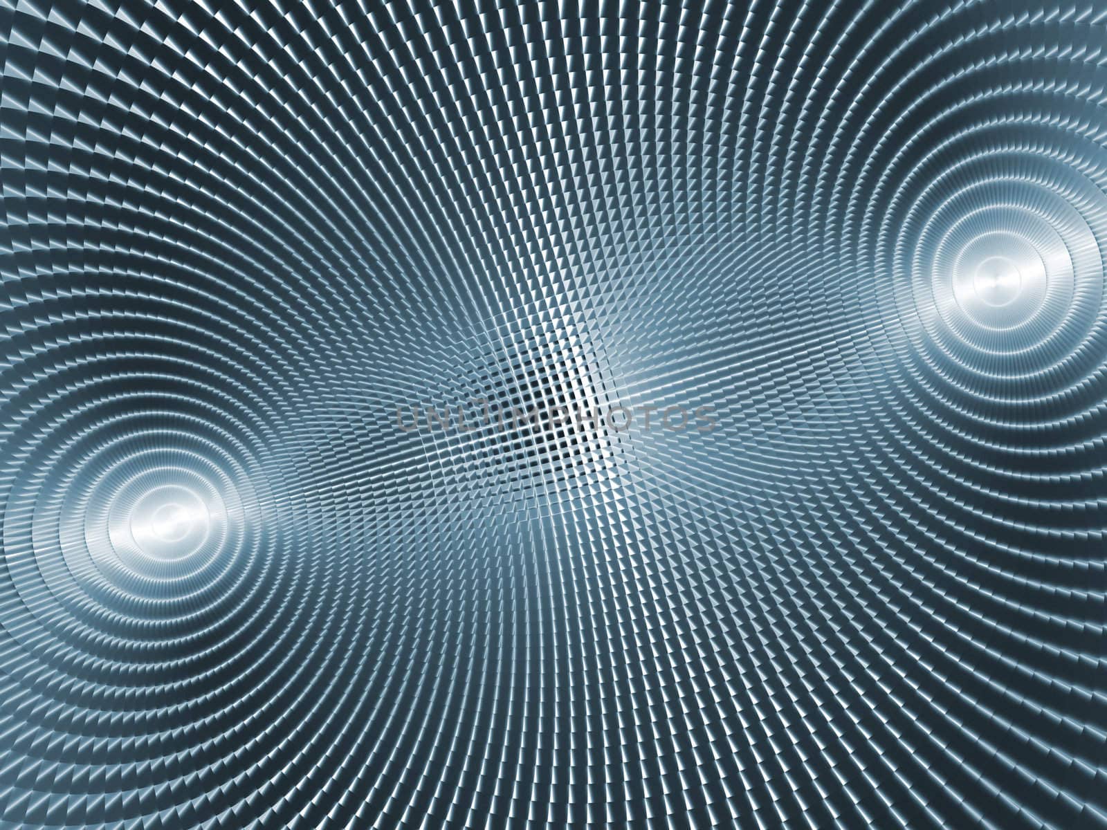 Rendering of section of blue metallic three dimensional circular mesh suitable as a background screen