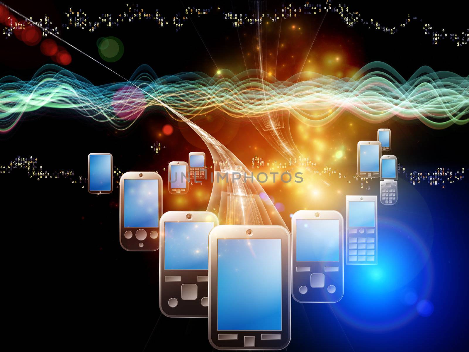 Rendering of cellular phones, numbers and abstract design elements on the subject of digital phone technology, cellular communication and modern electronic gadgets