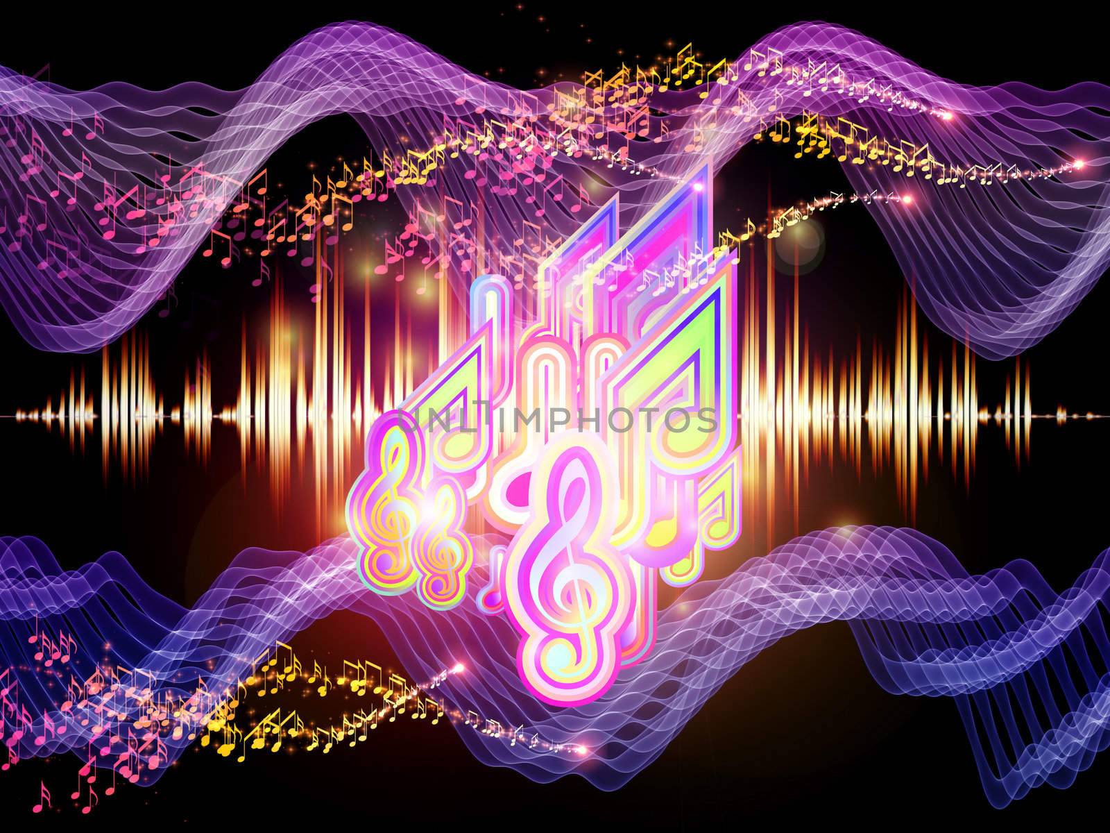 Background of colorful f waves and notes suitable as backdrop for music, audio and sound technology projects