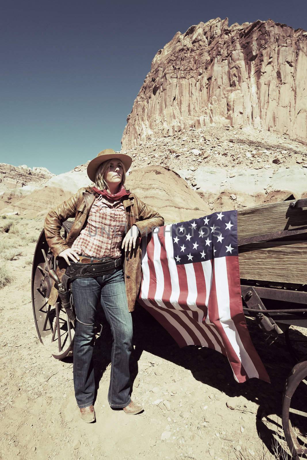 blond young woman with american flag, USA